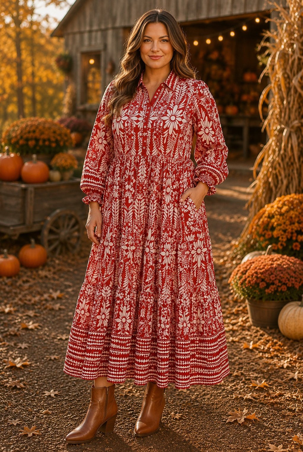 Umgee Rust Border Print Ruffled Maxi Dress - Plus Size-Curvy/Plus Dresses-Umgee-Deja Nu Boutique, Women's Fashion Boutique in Lampasas, Texas