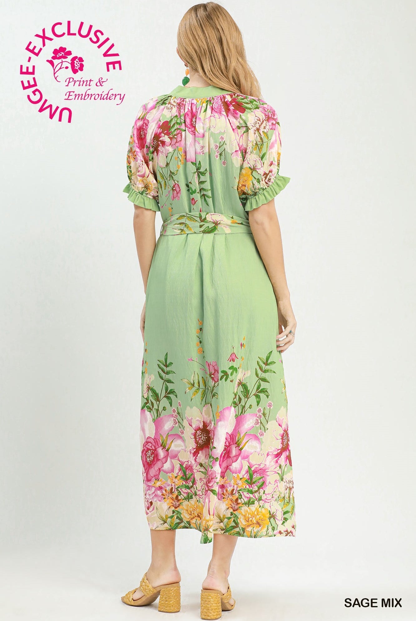 Umgee Sage Mix Floral Border Print Midi Dress with Tie Belt-Midi Dresses-Umgee-Deja Nu Boutique, Women's Fashion Boutique in Lampasas, Texas