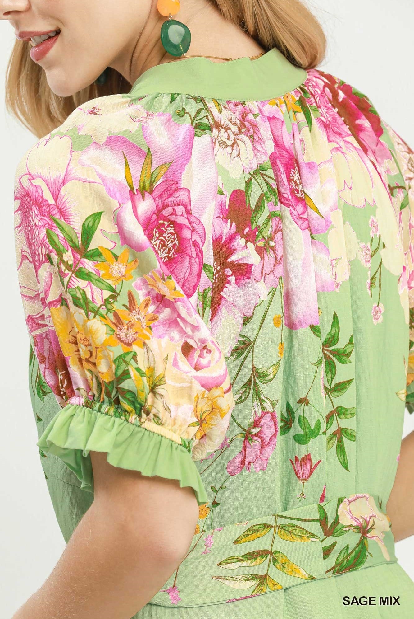Umgee Sage Mix Floral Border Print Midi Dress with Tie Belt-Midi Dresses-Umgee-Deja Nu Boutique, Women's Fashion Boutique in Lampasas, Texas