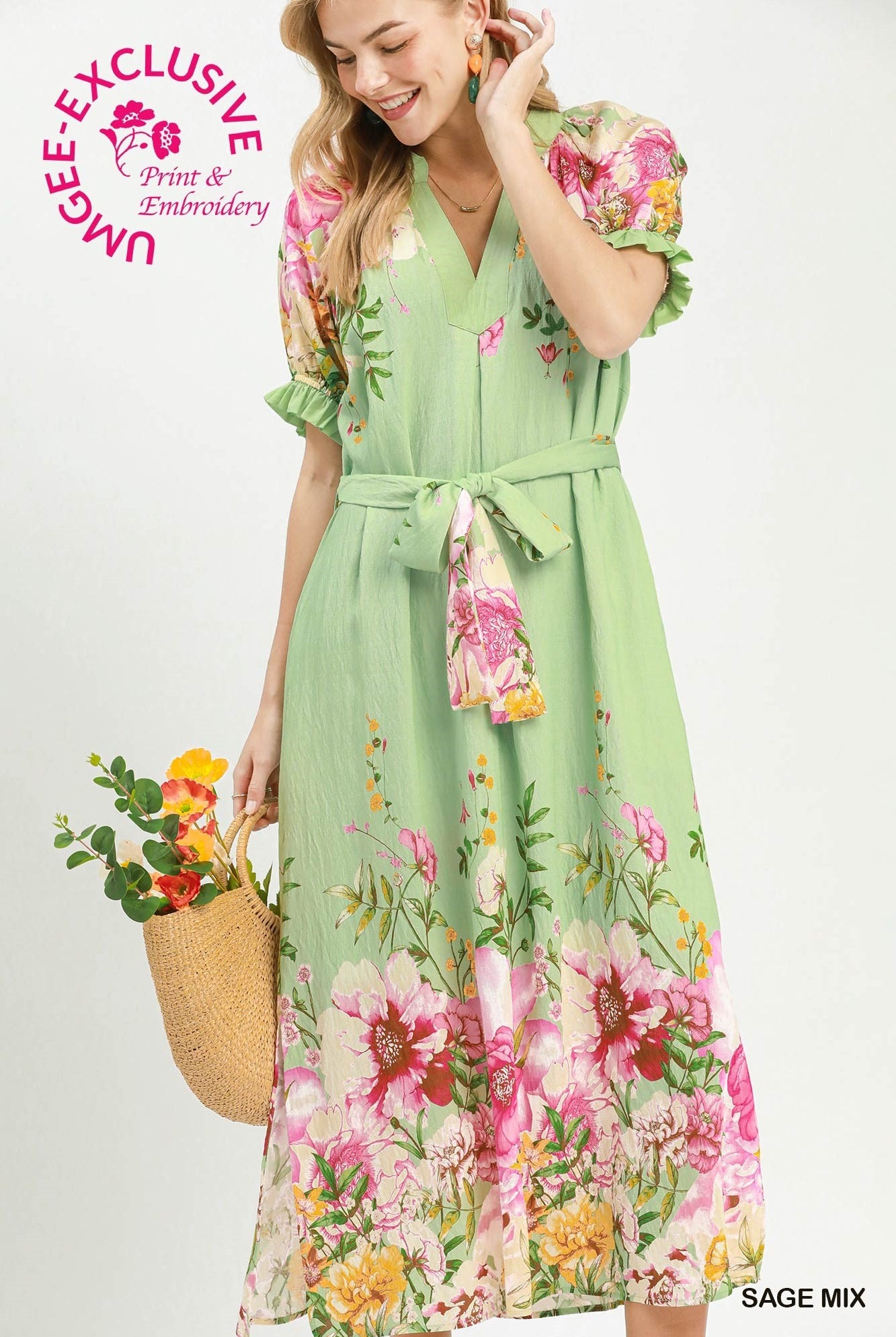 Umgee Sage Mix Floral Border Print Midi Dress with Tie Belt-Midi Dresses-Umgee-Deja Nu Boutique, Women's Fashion Boutique in Lampasas, Texas