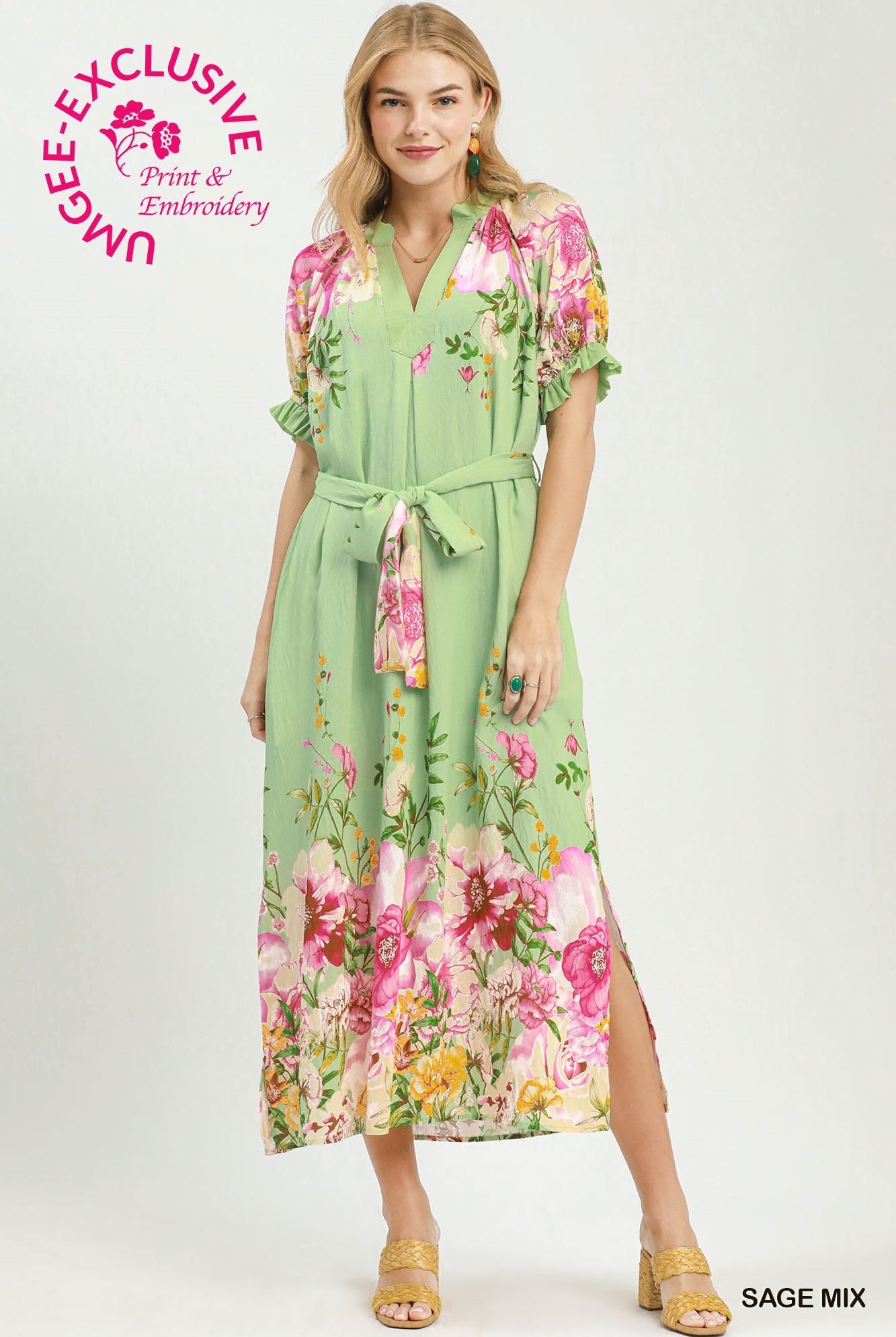 Umgee Sage Mix Floral Border Print Midi Dress with Tie Belt-Midi Dresses-Umgee-Deja Nu Boutique, Women's Fashion Boutique in Lampasas, Texas