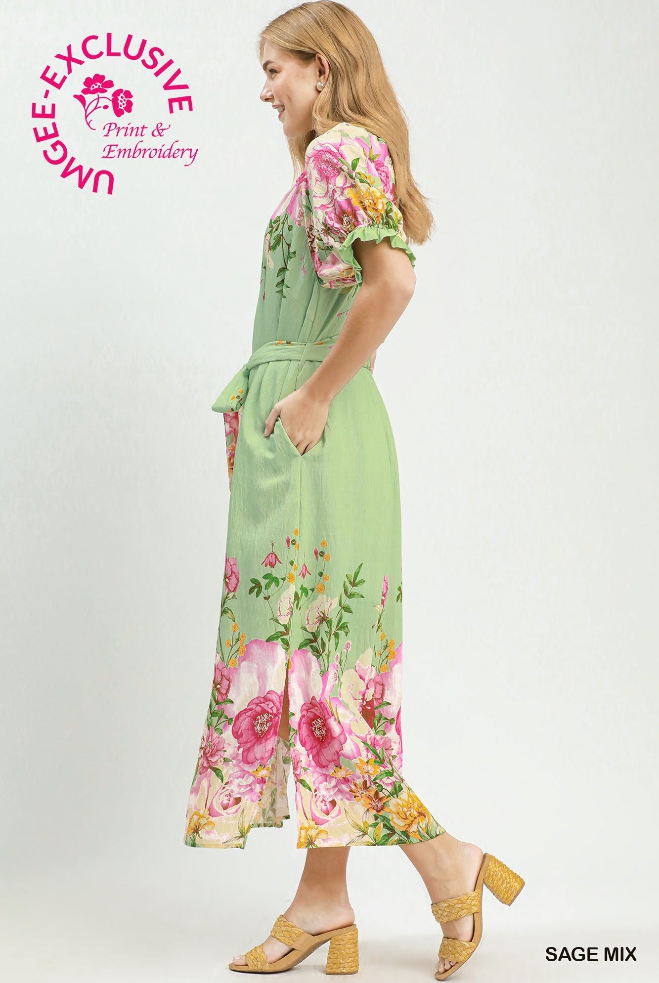 Umgee Sage Mix Floral Border Print Midi Dress with Tie Belt-Midi Dresses-Umgee-Deja Nu Boutique, Women's Fashion Boutique in Lampasas, Texas
