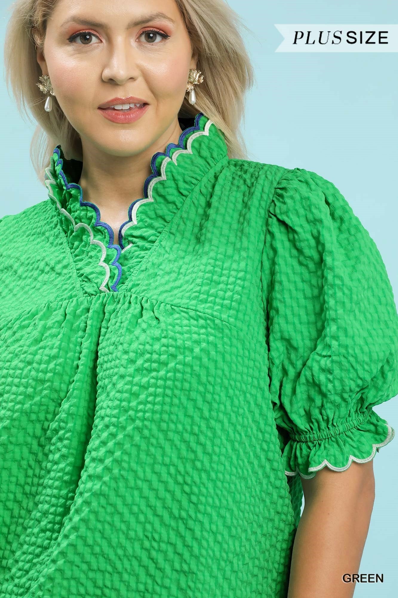 Umgee Textured Puff Sleeve Plus Top Green-Curvy/Plus Blouses-Umgee-Deja Nu Boutique, Women's Fashion Boutique in Lampasas, Texas