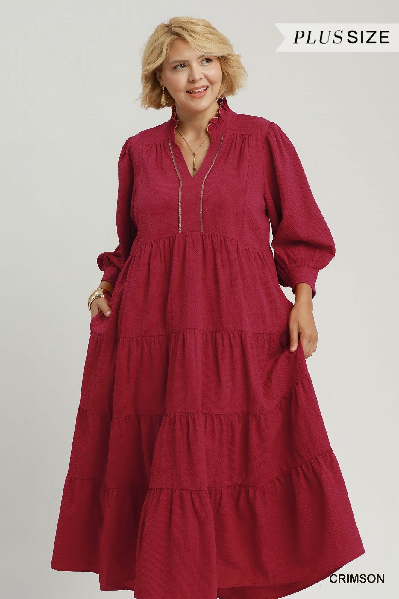 Umgee Seersucker Tiered Maxi Dress Plus Size – Crimson-Curvy/Plus Dresses-Umgee-Deja Nu Boutique, Women's Fashion Boutique in Lampasas, Texas