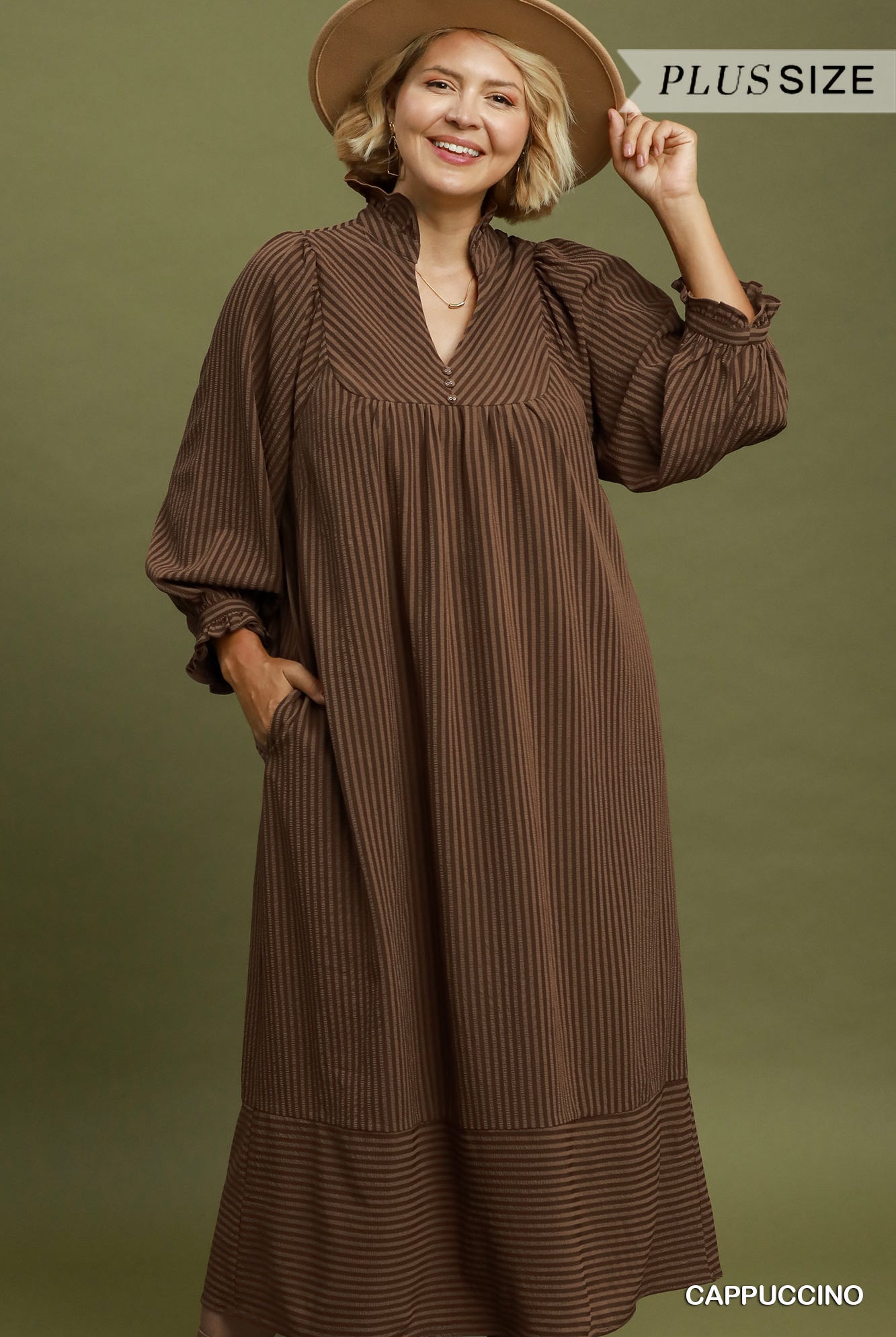 Umgee Striped Seersucker Midi Dress Plus Size – Teal & Cappuccino-Curvy/Plus Dresses-Umgee-Deja Nu Boutique, Women's Fashion Boutique in Lampasas, Texas