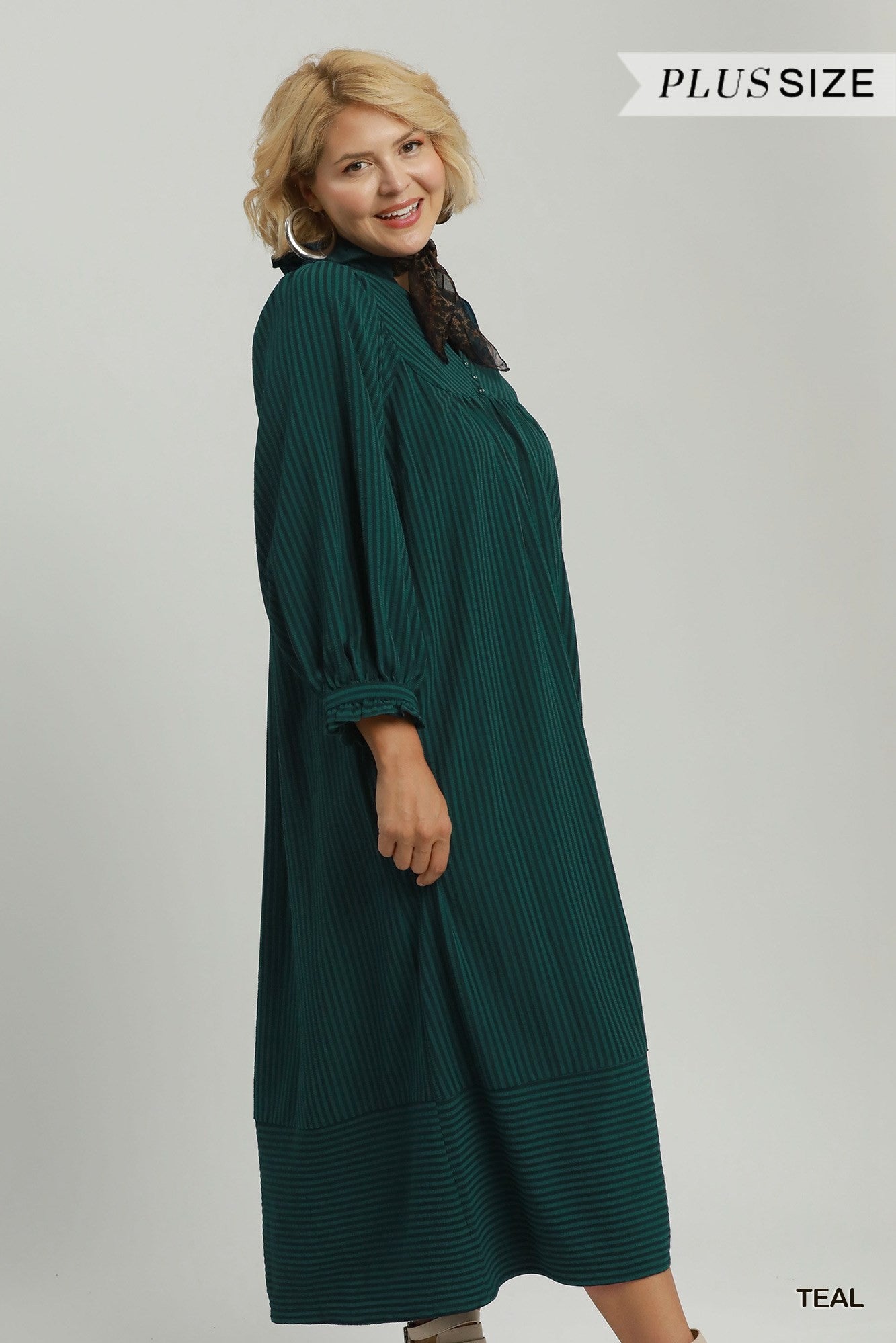 Umgee Striped Seersucker Midi Dress Plus Size – Teal & Cappuccino-Curvy/Plus Dresses-Umgee-Deja Nu Boutique, Women's Fashion Boutique in Lampasas, Texas