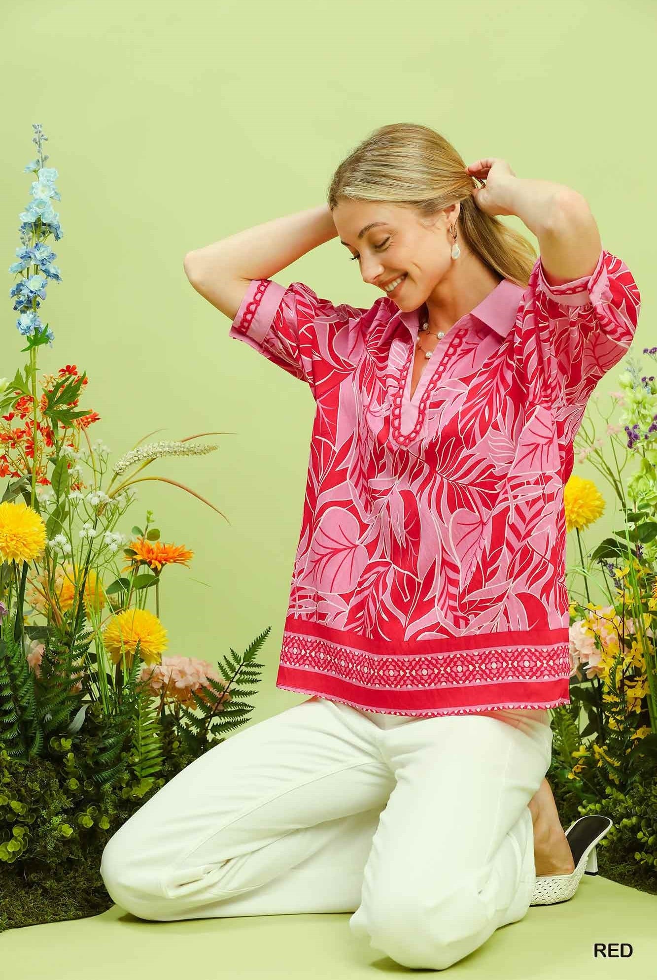 Umgee Red Tropical Print Puff Sleeve Blouse-Tops-Umgee-Deja Nu Boutique, Women's Fashion Boutique in Lampasas, Texas