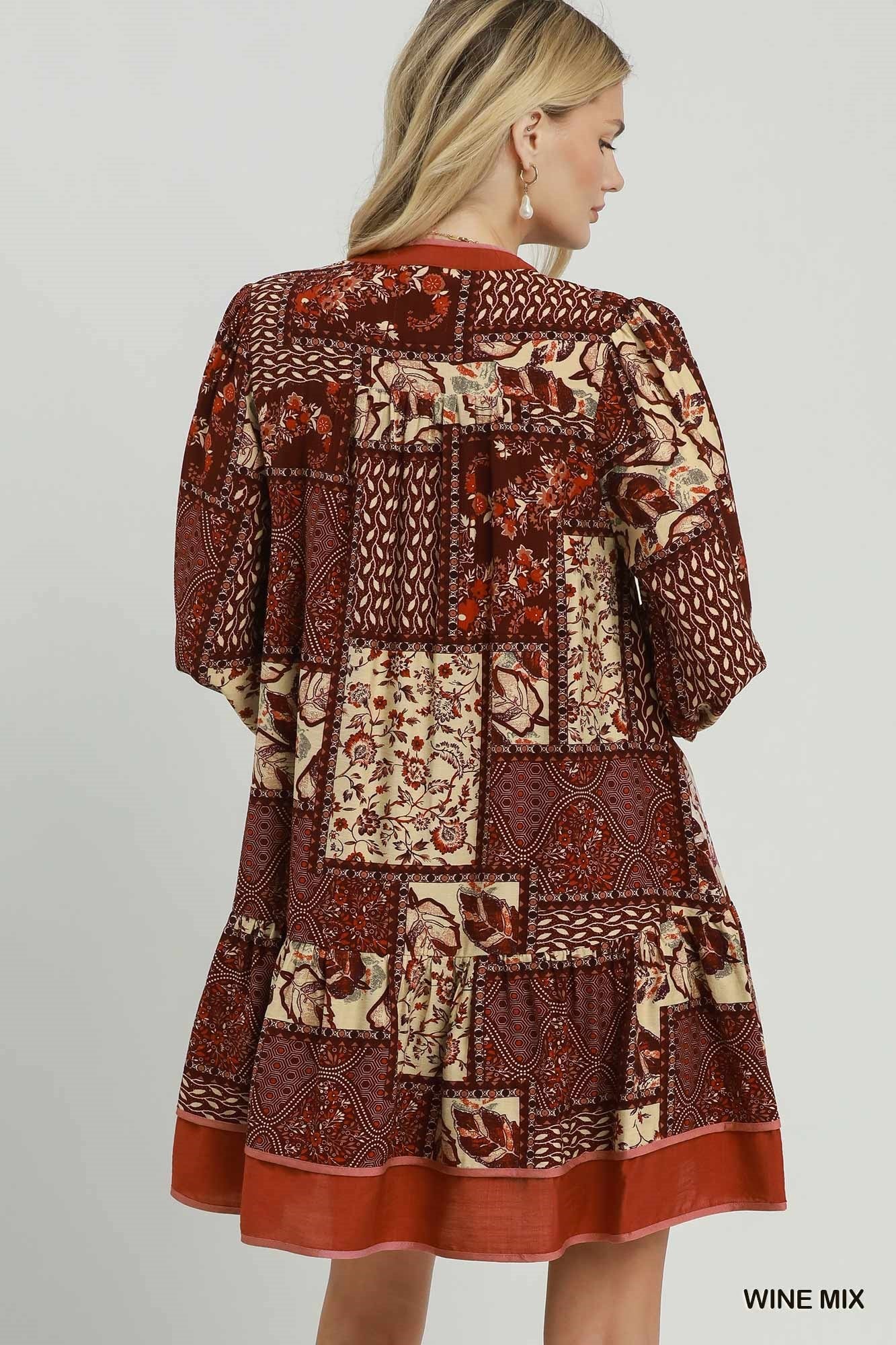 Umgee Wine Mix Patchwork Print Tiered Long Sleeve Dress-Short Dresses-umgee-Deja Nu Boutique, Women's Fashion Boutique in Lampasas, Texas