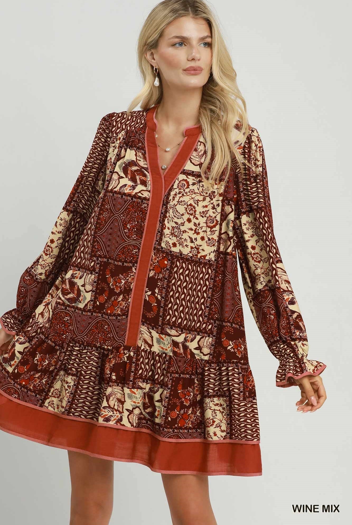 Umgee Wine Mix Patchwork Print Tiered Long Sleeve Dress-Short Dresses-umgee-Deja Nu Boutique, Women's Fashion Boutique in Lampasas, Texas
