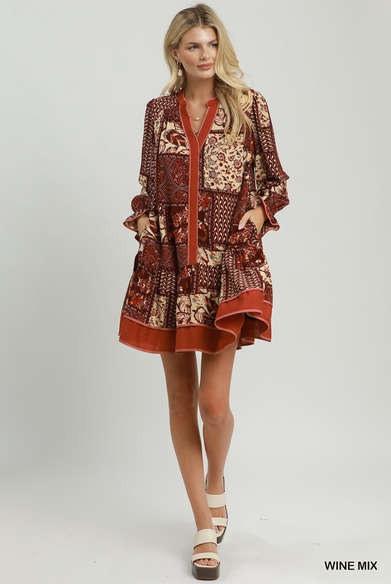 Umgee Wine Mix Patchwork Print Tiered Long Sleeve Dress-Short Dresses-umgee-Deja Nu Boutique, Women's Fashion Boutique in Lampasas, Texas