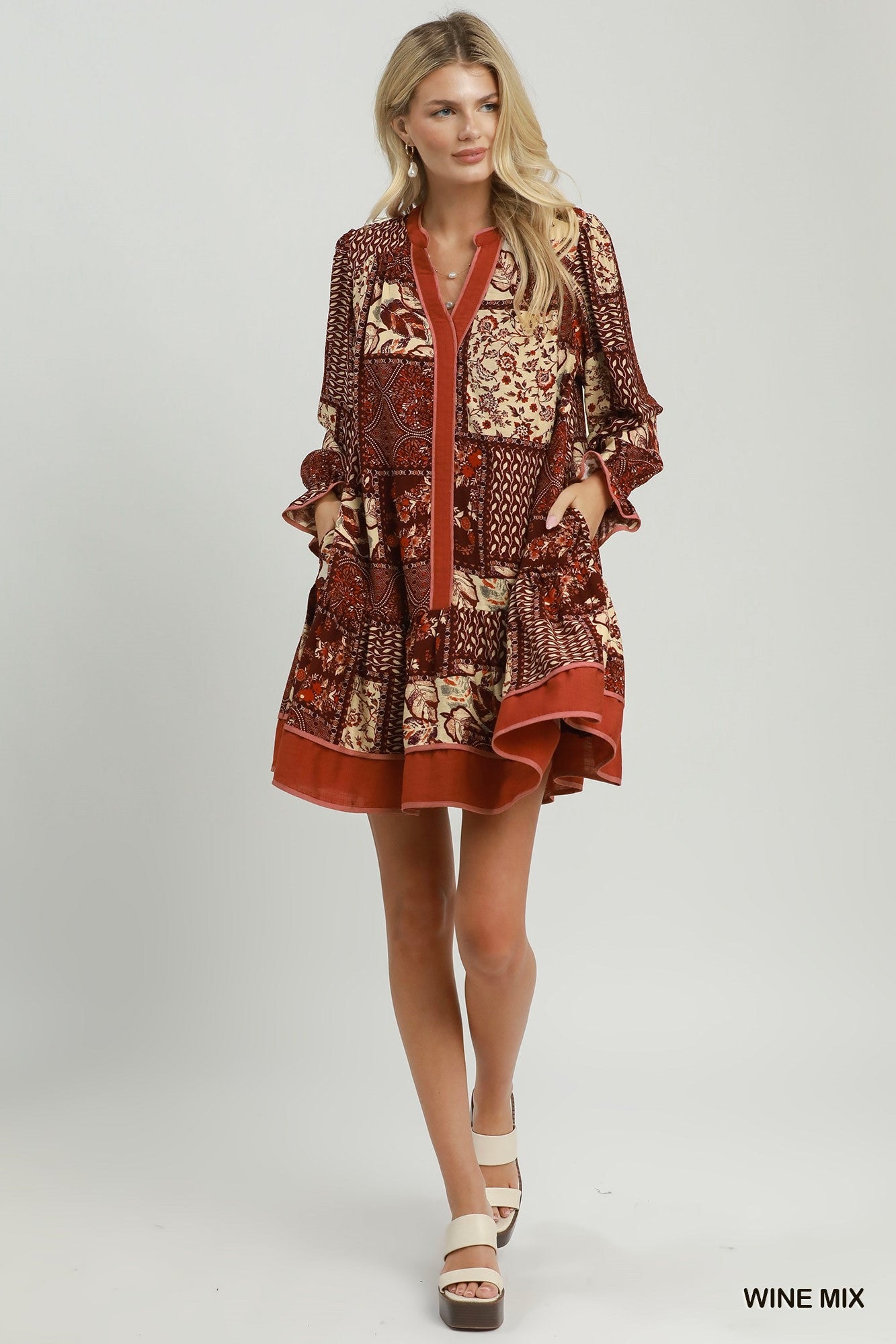 Umgee Wine Mix Patchwork Print Tiered Long Sleeve Dress-Short Dresses-umgee-Deja Nu Boutique, Women's Fashion Boutique in Lampasas, Texas