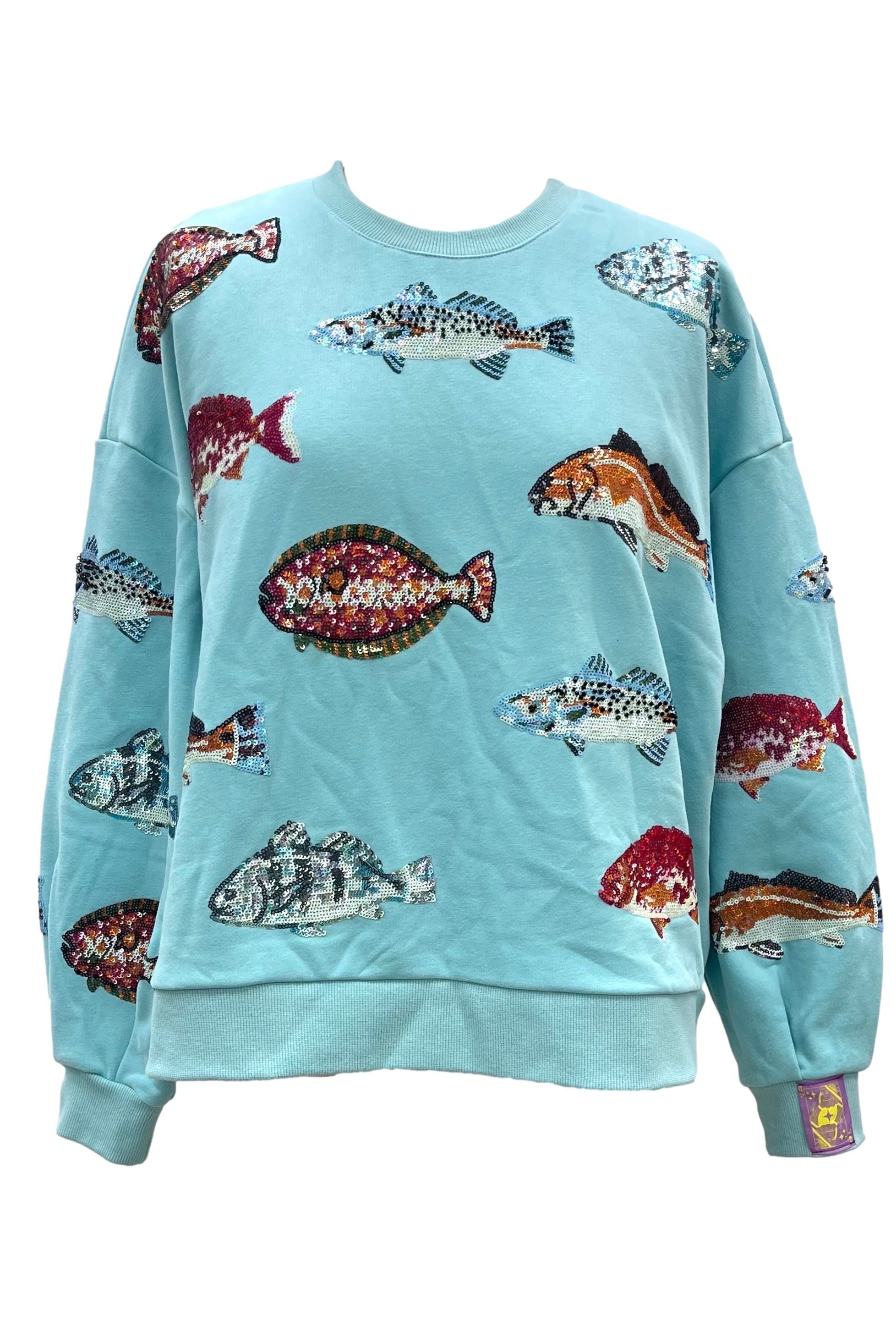 Queen Of Sparkles Light Blue Fish Sweatshirt-Tops-Queen Of Sparkles-Deja Nu Boutique, Women's Fashion Boutique in Lampasas, Texas