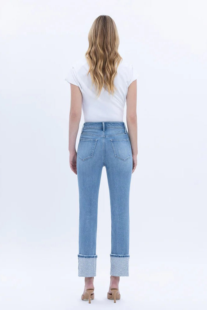 Vervet by Flying Monkey Elegant Serenity High Rise Rhinestone Cuffed Slim Straight Jeans-Jeans-Vervet by Flying Monkey-Deja Nu Boutique, Women's Fashion Boutique in Lampasas, Texas