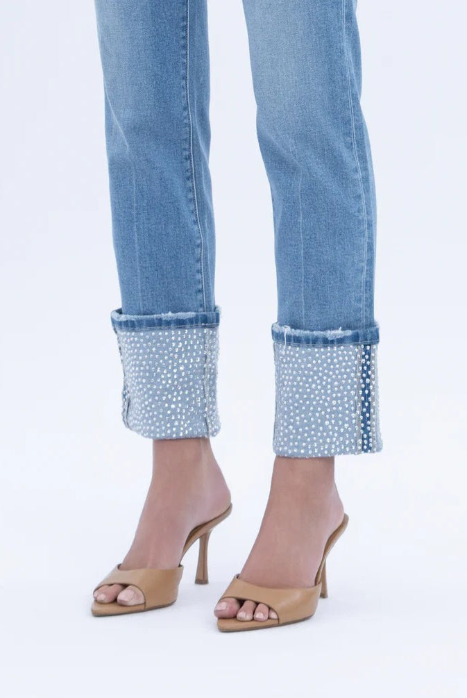 Vervet by Flying Monkey Elegant Serenity High Rise Rhinestone Cuffed Slim Straight Jeans-Jeans-Vervet by Flying Monkey-Deja Nu Boutique, Women's Fashion Boutique in Lampasas, Texas