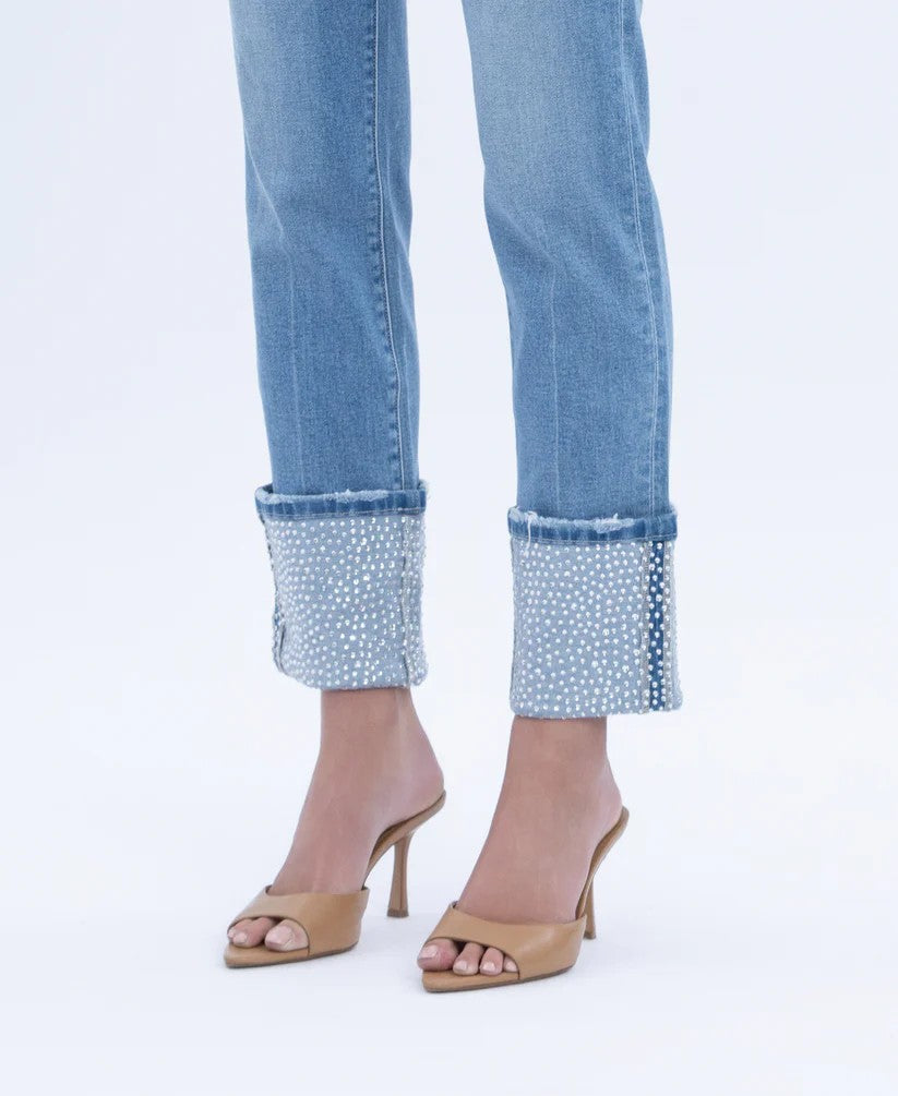 Vervet by Flying Monkey Elegant Serenity High Rise Rhinestone Cuffed Slim Straight Jeans-Jeans-Vervet by Flying Monkey-Deja Nu Boutique, Women's Fashion Boutique in Lampasas, Texas