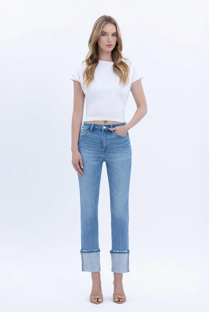 Vervet by Flying Monkey Elegant Serenity High Rise Rhinestone Cuffed Slim Straight Jeans-Jeans-Vervet by Flying Monkey-Deja Nu Boutique, Women's Fashion Boutique in Lampasas, Texas