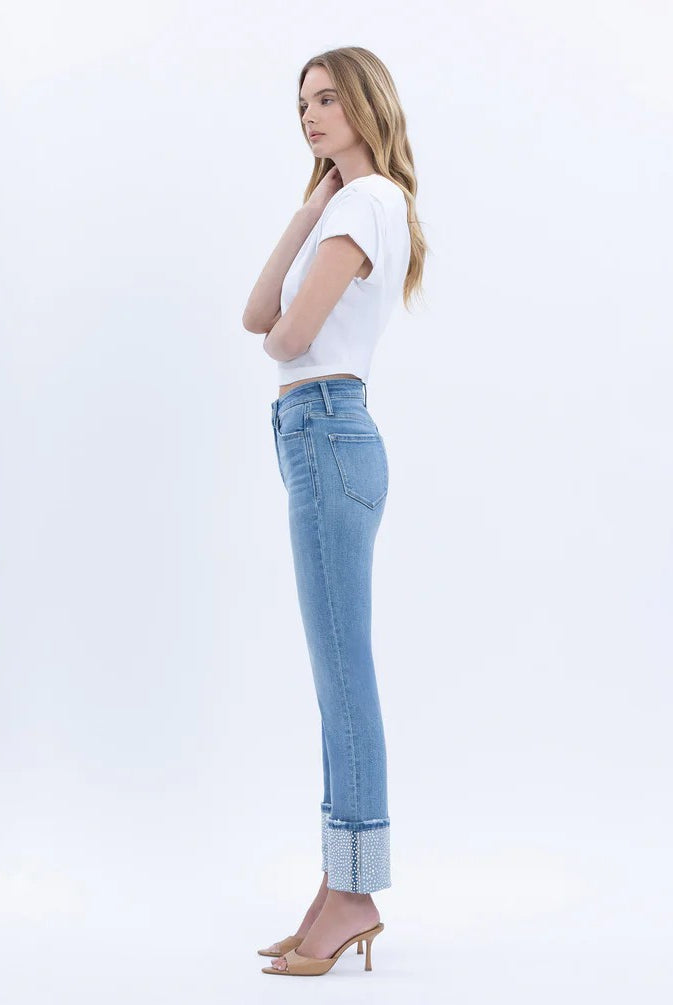 Vervet by Flying Monkey Elegant Serenity High Rise Rhinestone Cuffed Slim Straight Jeans-Jeans-Vervet by Flying Monkey-Deja Nu Boutique, Women's Fashion Boutique in Lampasas, Texas