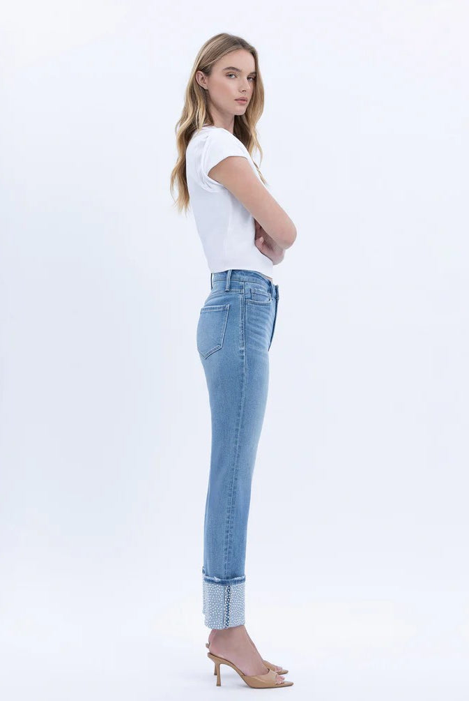 Vervet by Flying Monkey Elegant Serenity High Rise Rhinestone Cuffed Slim Straight Jeans-Jeans-Vervet by Flying Monkey-Deja Nu Boutique, Women's Fashion Boutique in Lampasas, Texas