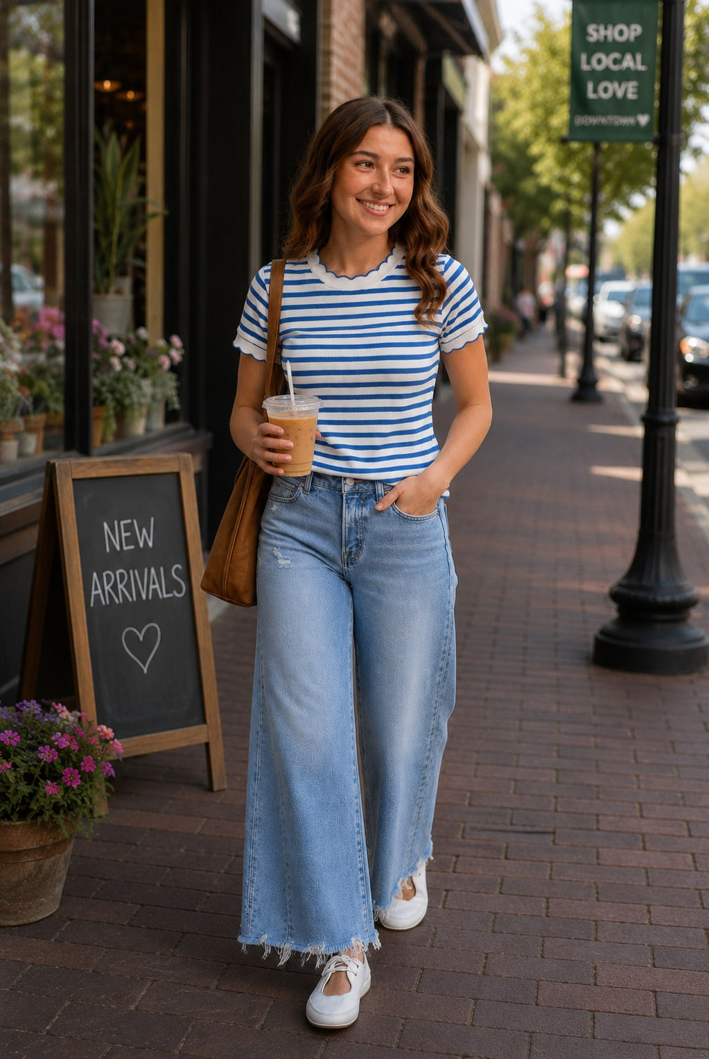 Model wearing a blue and white striped scalloped short sleeve knit top with light wash cropped wide leg jeans while walking through a charming downtown shopping district.