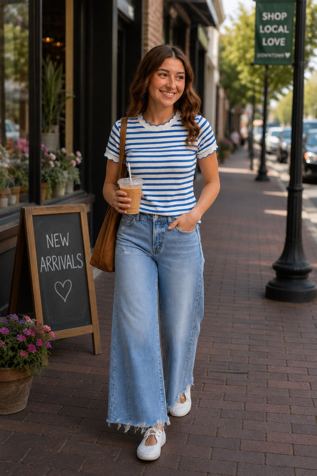 Model wearing a blue and white striped scalloped short sleeve knit top with light wash cropped wide leg jeans while walking through a charming downtown shopping district.