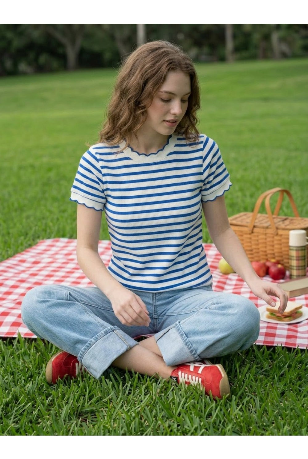 Vine & Love Blue & White Charming Striped Scalloped Edge Knit Sweater | VT83540-Sweaters-Vine & Love-Deja Nu Boutique, Women's Fashion Boutique in Lampasas, Texas