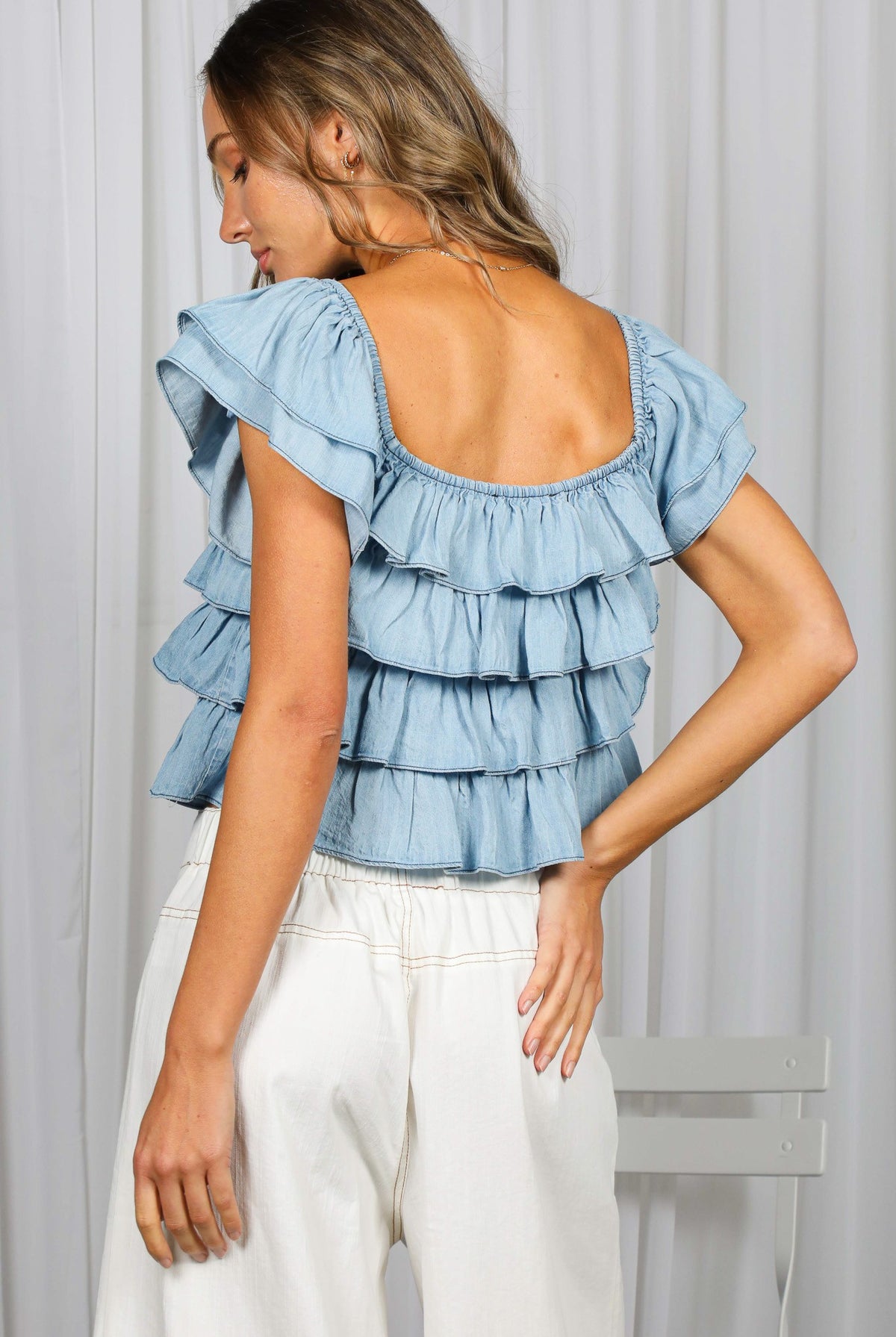 Vine & Love Chambray Denim Top with Ruffle Sleeve in Light Denim-Tops-Vine & Love-Deja Nu Boutique, Women's Fashion Boutique in Lampasas, Texas