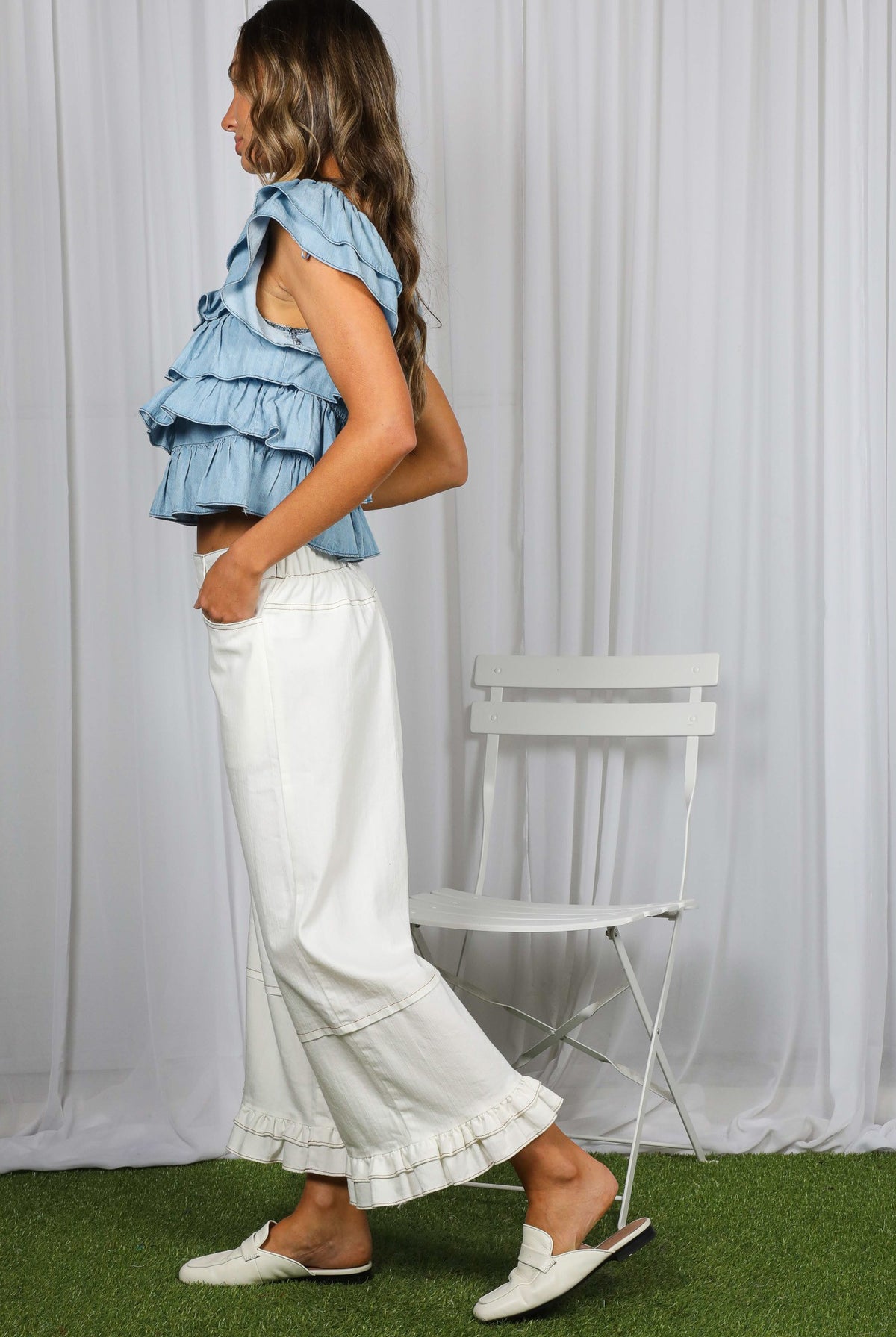 Vine & Love Chambray Denim Top with Ruffle Sleeve in Light Denim-Tops-Vine & Love-Deja Nu Boutique, Women's Fashion Boutique in Lampasas, Texas