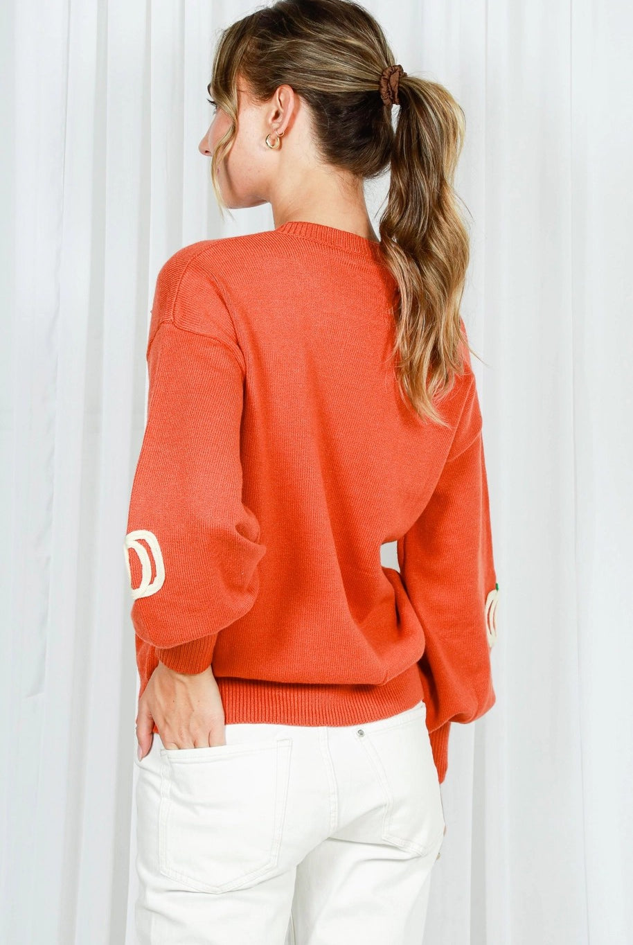 Vine & Love Pumpkin Embroidered Crew Neck Knitted Sweater Top-Sweaters-Vine & Love-Deja Nu Boutique, Women's Fashion Boutique in Lampasas, Texas