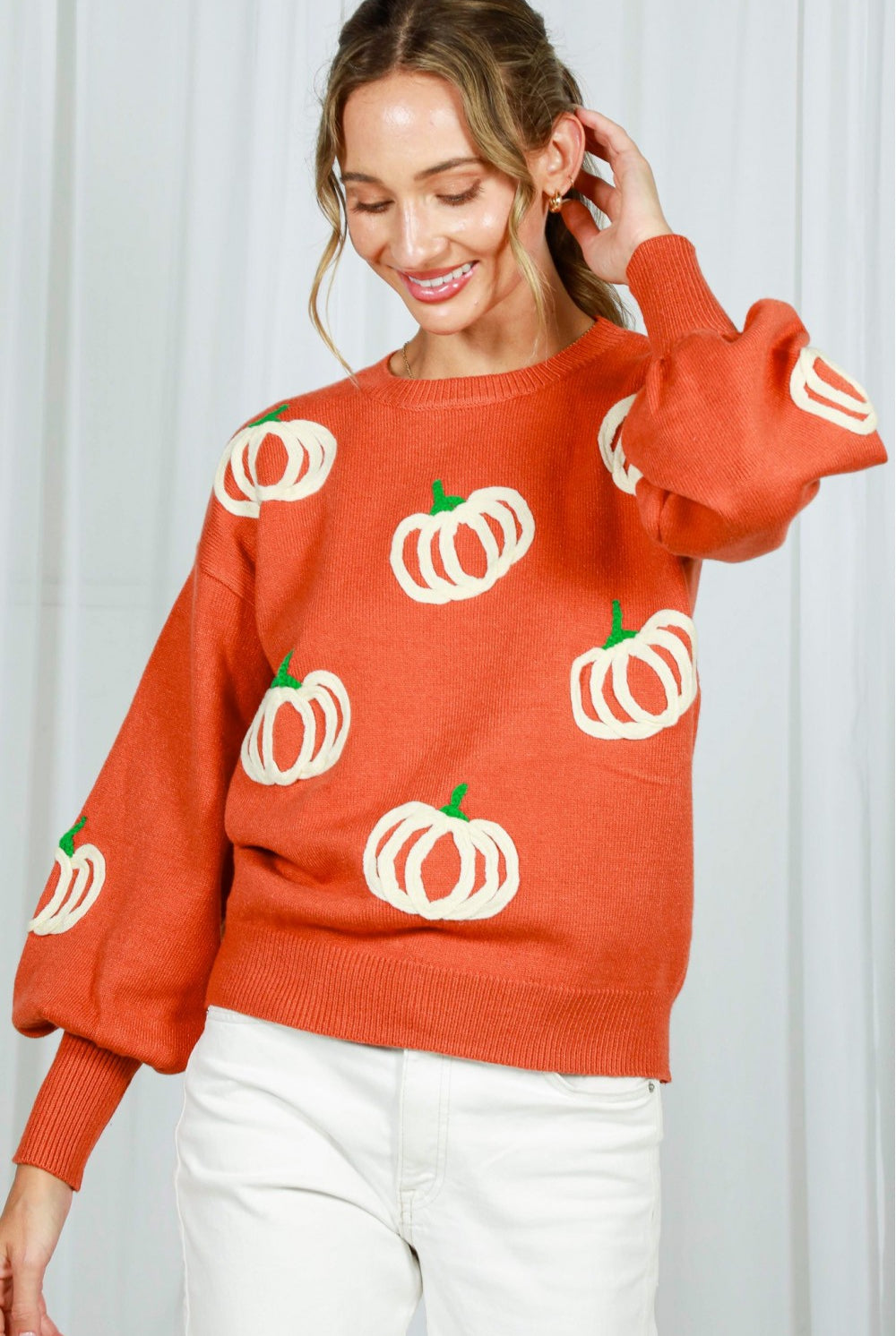 Vine & Love Pumpkin Embroidered Crew Neck Knitted Sweater Top-Sweaters-Vine & Love-Deja Nu Boutique, Women's Fashion Boutique in Lampasas, Texas