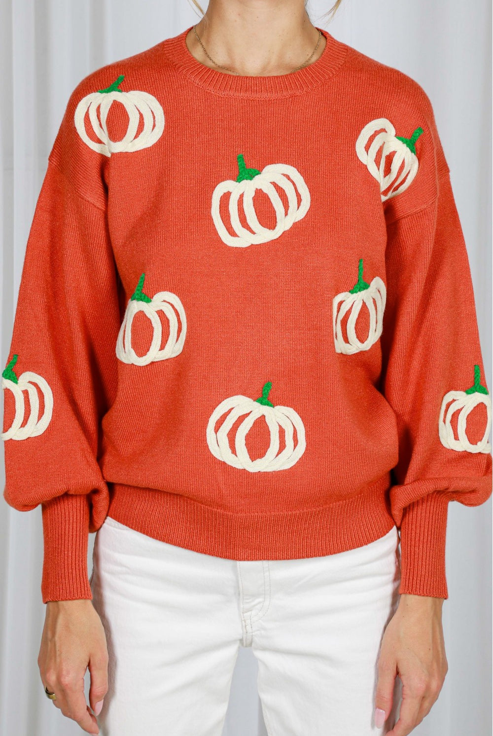 Vine & Love Pumpkin Embroidered Crew Neck Knitted Sweater Top-Sweaters-Vine & Love-Deja Nu Boutique, Women's Fashion Boutique in Lampasas, Texas
