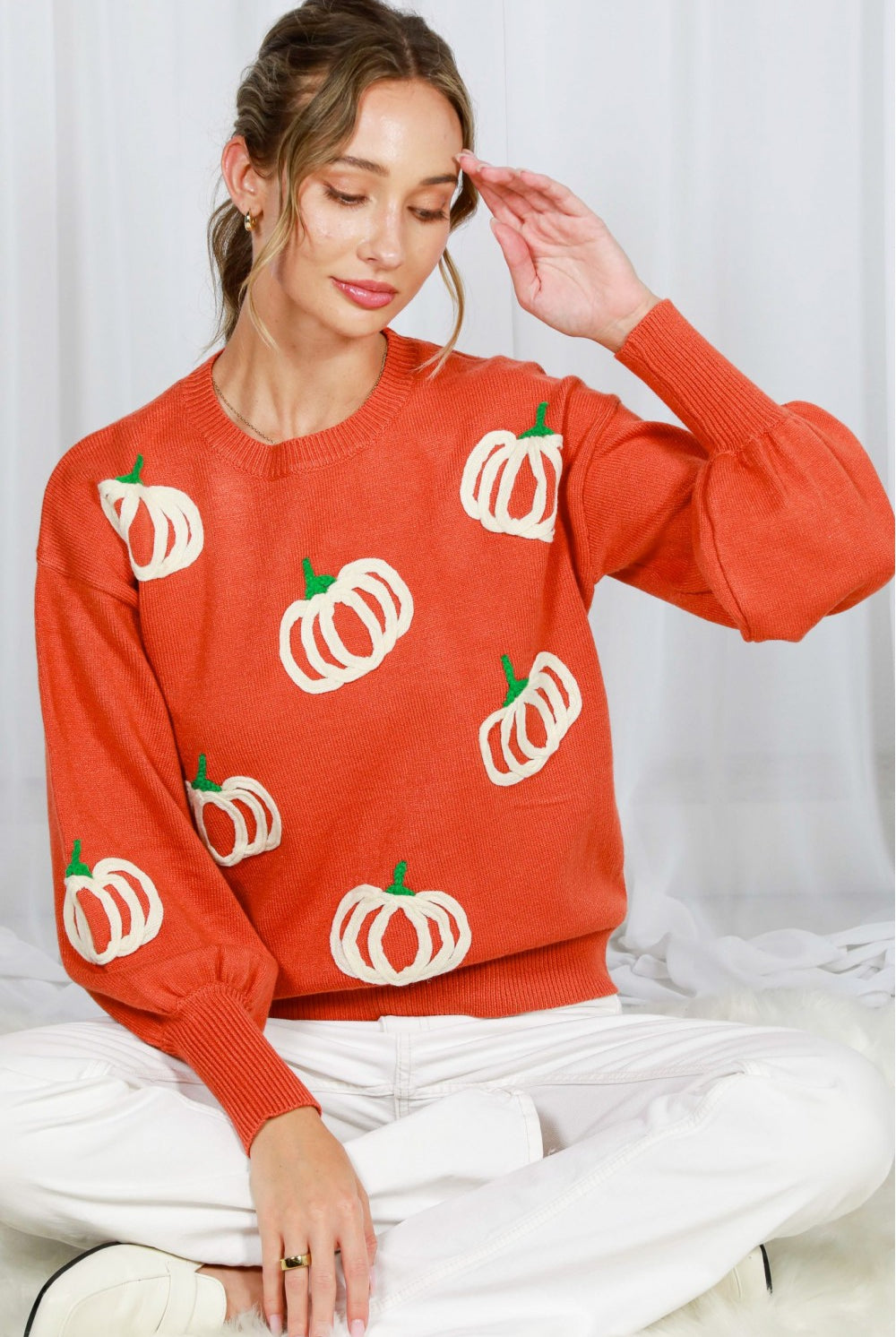 Vine & Love Pumpkin Embroidered Crew Neck Knitted Sweater Top-Sweaters-Vine & Love-Deja Nu Boutique, Women's Fashion Boutique in Lampasas, Texas