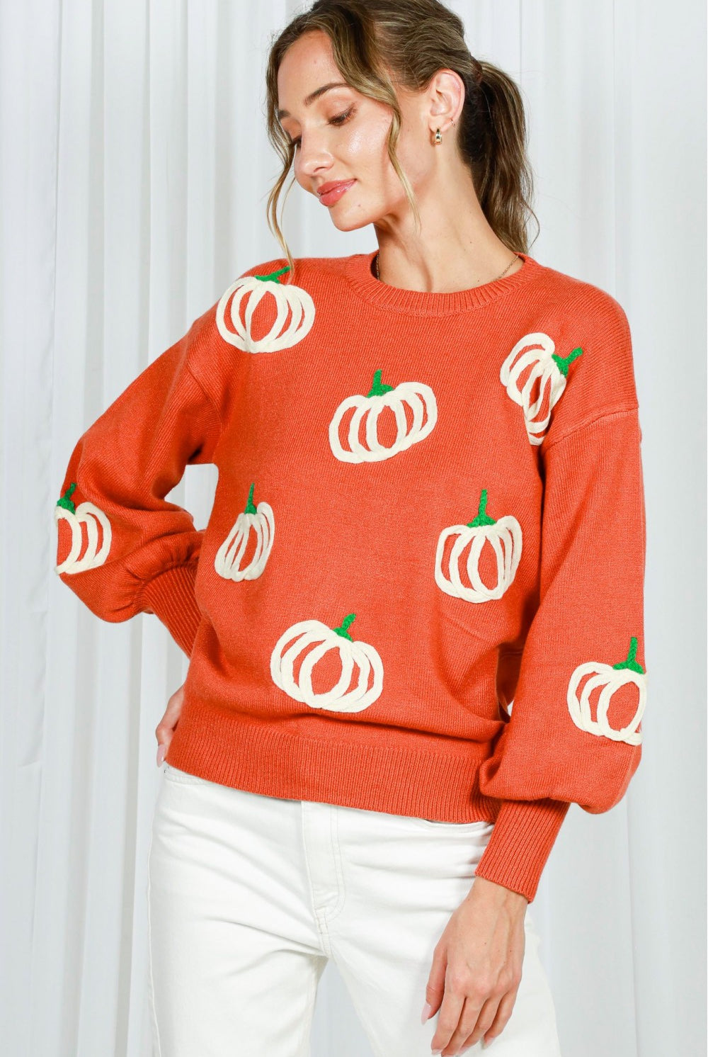 Vine & Love Pumpkin Embroidered Crew Neck Knitted Sweater Top-Sweaters-Vine & Love-Deja Nu Boutique, Women's Fashion Boutique in Lampasas, Texas