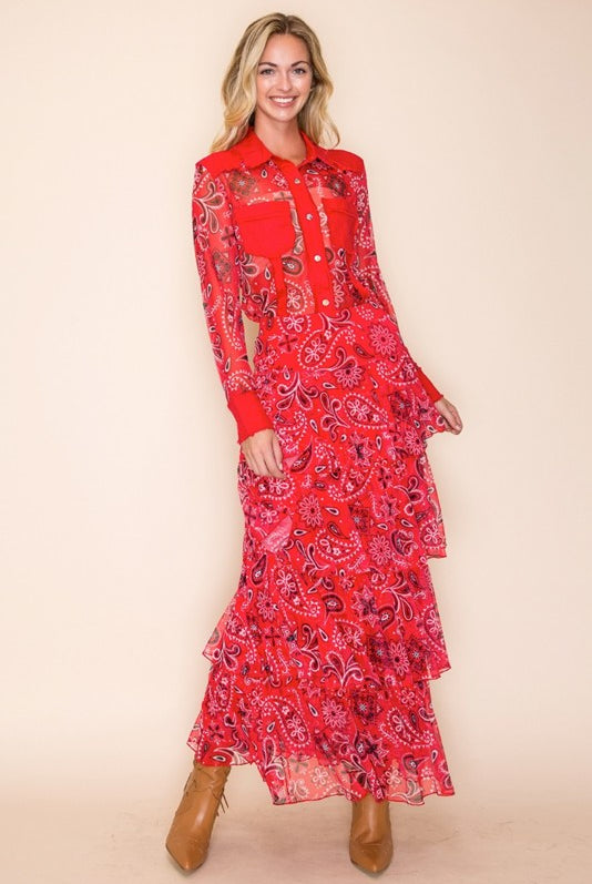 W.A.Y Wonderful & Young Red Bandana Mesh Tiered Maxi Skirt-Skirts-WAY-Deja Nu Boutique, Women's Fashion Boutique in Lampasas, Texas