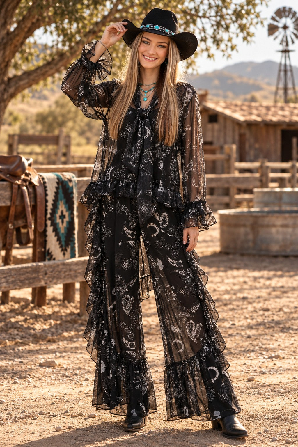 W.A.Y Wonderful & Young Black Bandana Mesh Ruffle 2-Piece Blouse Set-Tops-WAY-Deja Nu Boutique, Women's Fashion Boutique in Lampasas, Texas