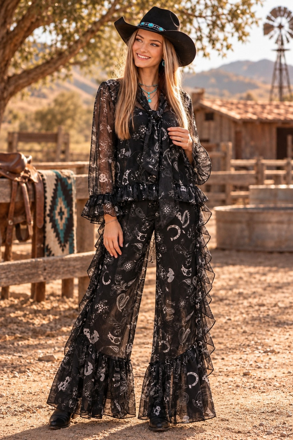 W.A.Y Wonderful & Young Black Bandana Mesh Ruffle 2-Piece Blouse Set-Tops-WAY-Deja Nu Boutique, Women's Fashion Boutique in Lampasas, Texas
