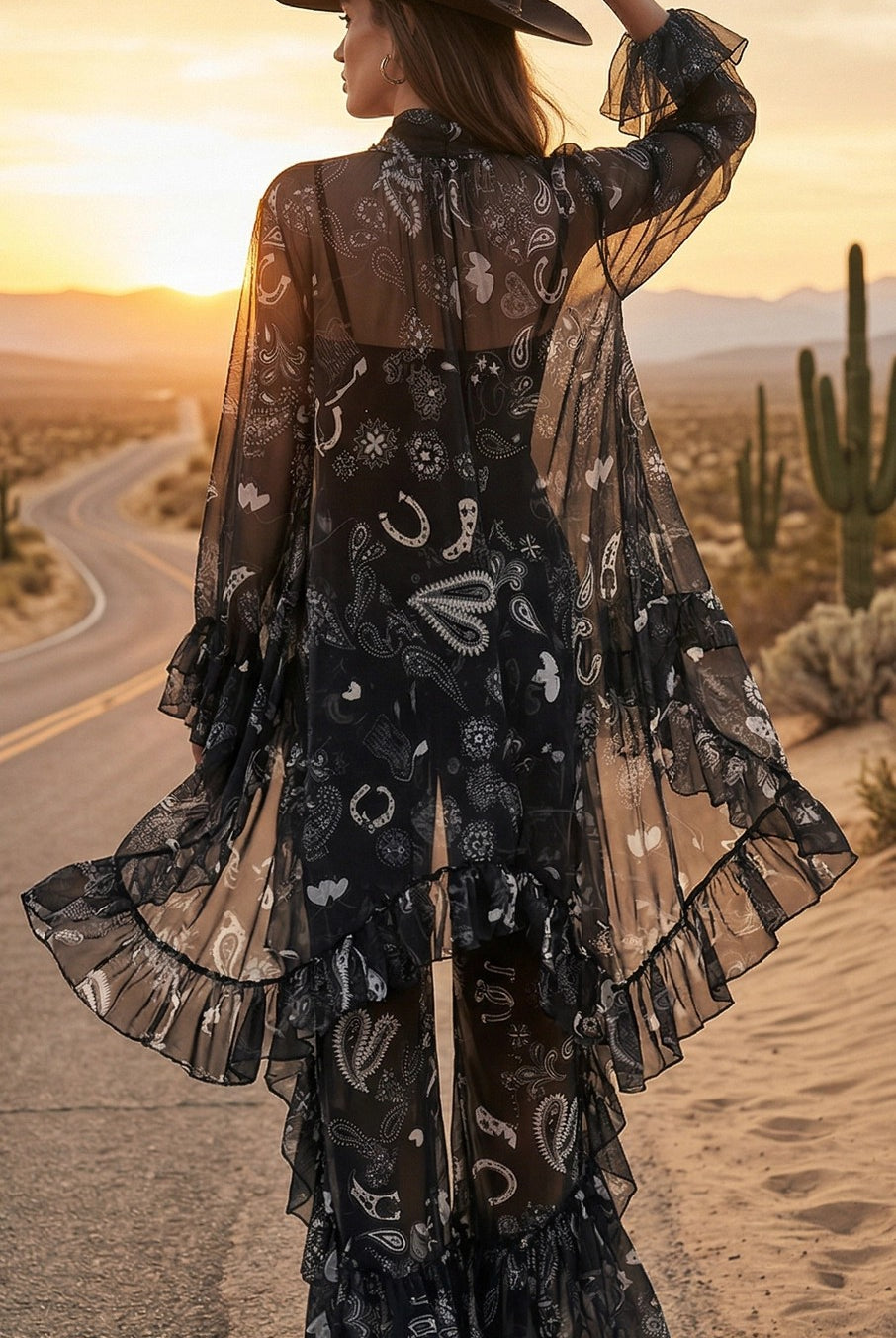 W.A.Y Wonderful & Young Black Bandana Mesh Ruffle Wide-Leg Pants-Pants-WAY-Deja Nu Boutique, Women's Fashion Boutique in Lampasas, Texas