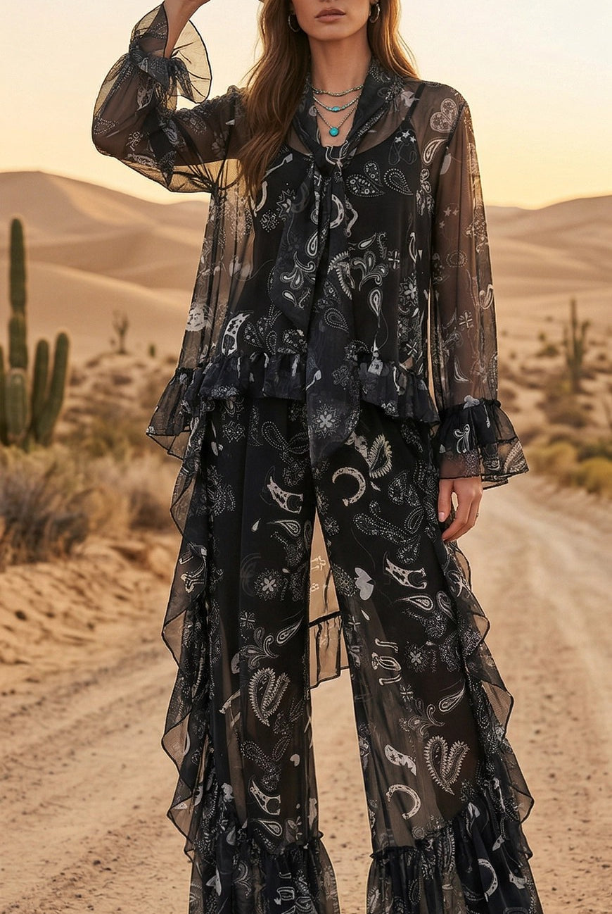 W.A.Y Wonderful & Young Black Bandana Mesh Ruffle Wide-Leg Pants-Pants-WAY-Deja Nu Boutique, Women's Fashion Boutique in Lampasas, Texas