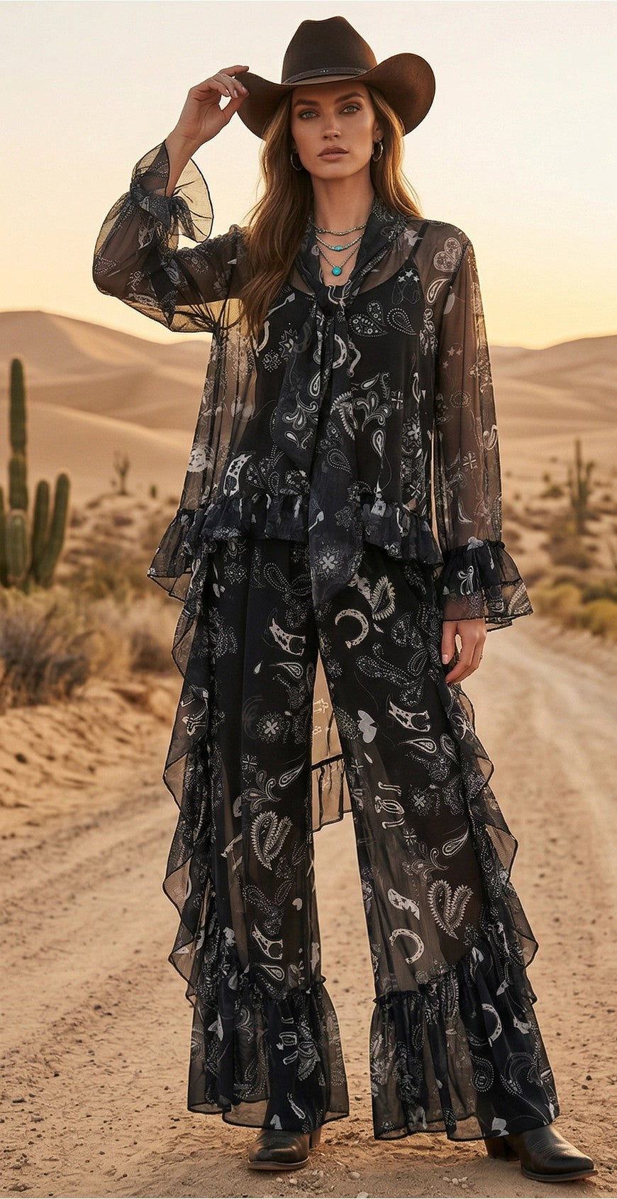 W.A.Y Wonderful & Young Black Bandana Mesh Ruffle Wide-Leg Pants-Pants-WAY-Deja Nu Boutique, Women's Fashion Boutique in Lampasas, Texas