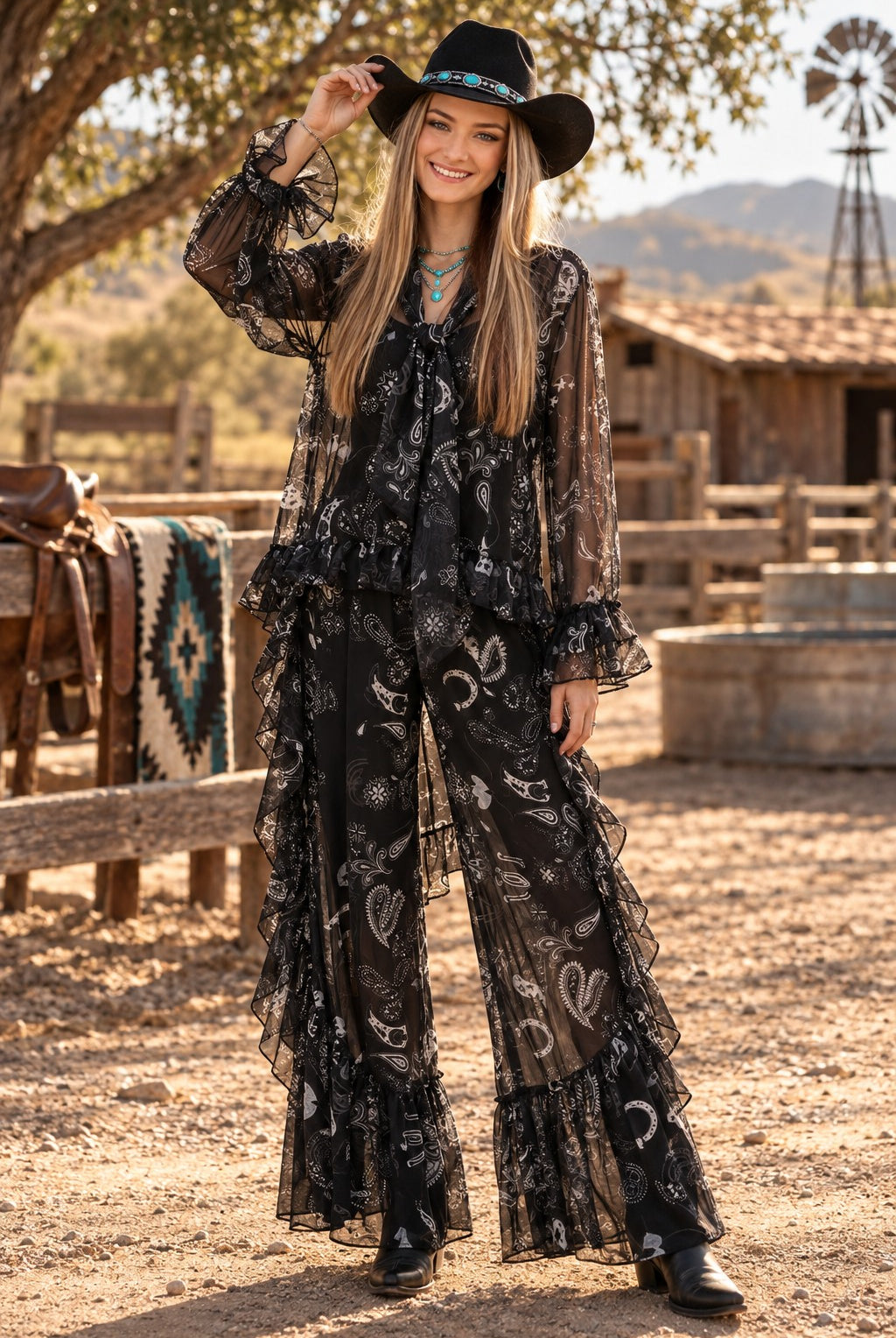 W.A.Y Wonderful & Young Black Bandana Mesh Ruffle Wide-Leg Pants-Pants-WAY-Deja Nu Boutique, Women's Fashion Boutique in Lampasas, Texas