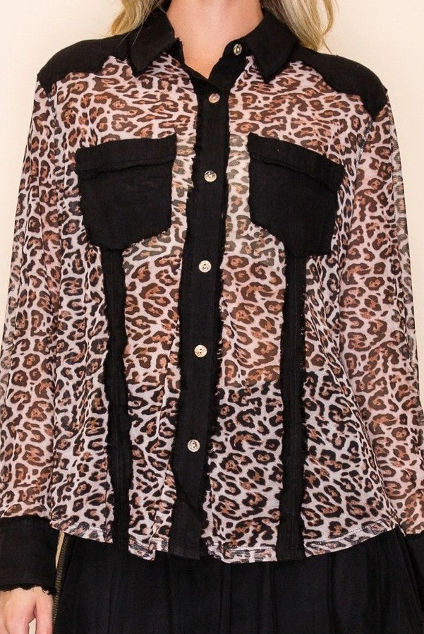 W.A.Y Wonderful & Young Leopard Print Mesh & Linen Combo Shirt-shirts-WAY-Deja Nu Boutique, Women's Fashion Boutique in Lampasas, Texas