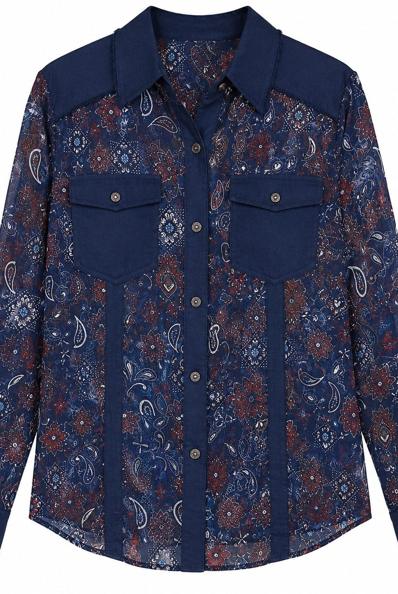 W.A.Y Wonderful & Young Navy Bandana Print Mesh & Linen Combo Shirt-shirts-WAY-Deja Nu Boutique, Women's Fashion Boutique in Lampasas, Texas