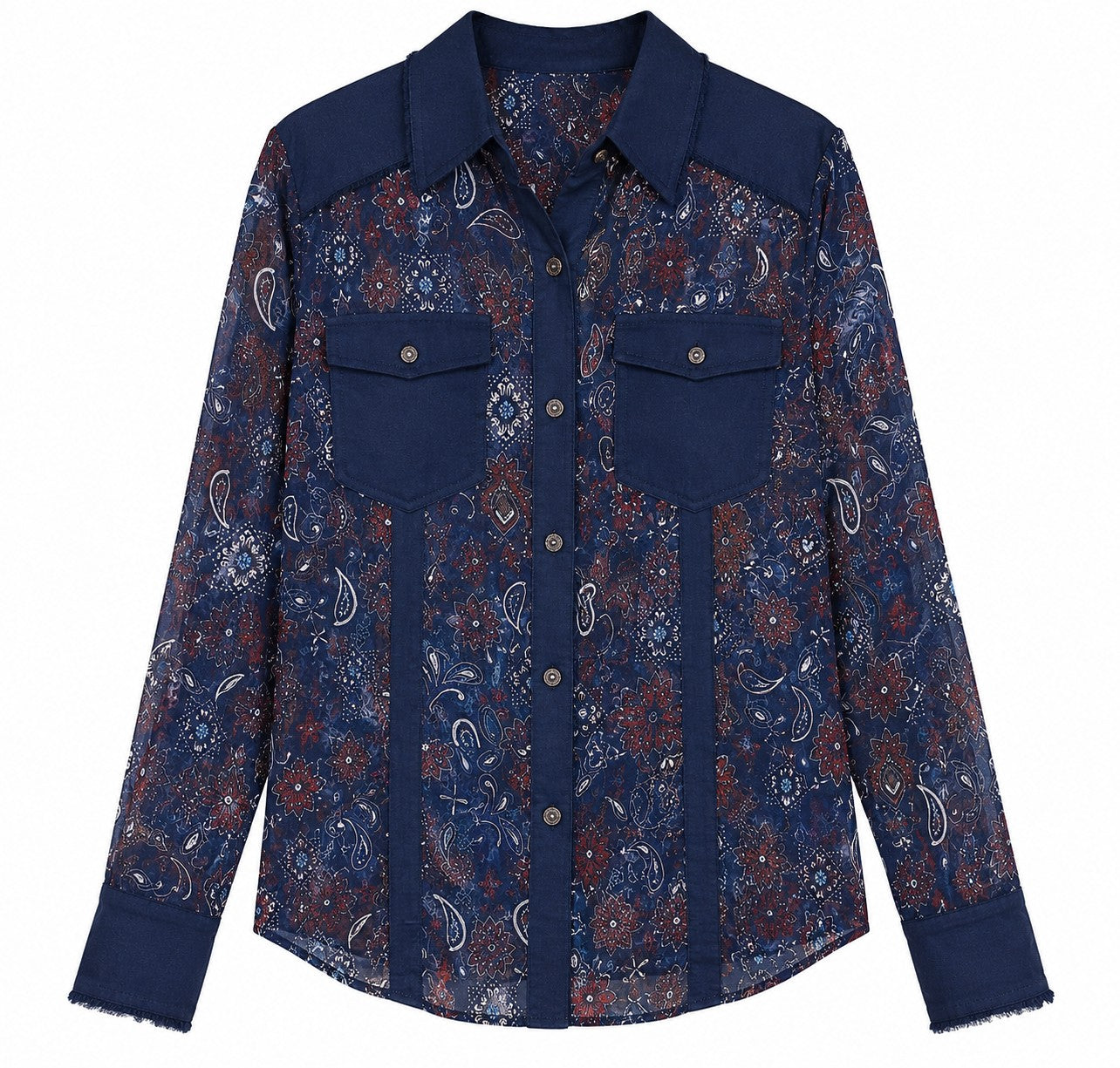 W.A.Y Wonderful & Young Navy Bandana Print Mesh & Linen Combo Shirt-shirts-WAY-Deja Nu Boutique, Women's Fashion Boutique in Lampasas, Texas