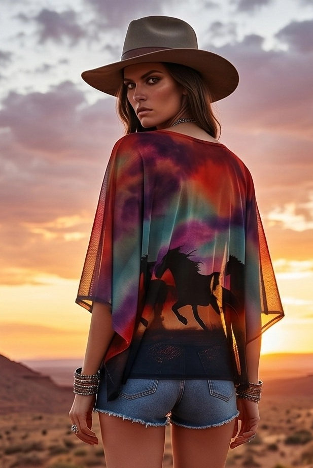 W.A.Y Wonderful & Young Printed Mesh Horse Poncho-poncho-WAY-Deja Nu Boutique, Women's Fashion Boutique in Lampasas, Texas
