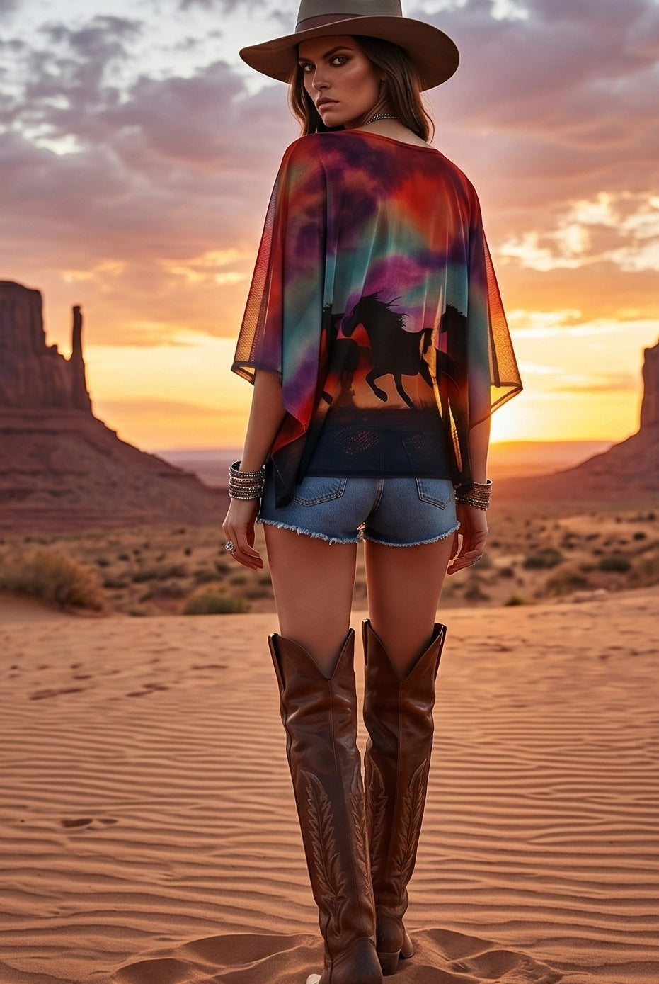 W.A.Y Wonderful & Young Printed Mesh Horse Poncho-poncho-WAY-Deja Nu Boutique, Women's Fashion Boutique in Lampasas, Texas