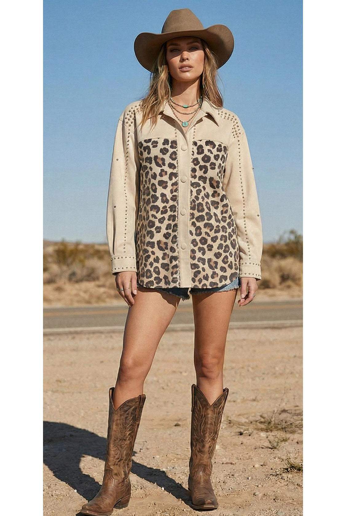 W.A.Y Wonderful & Young Studded Faux Suede Leopard Print Shirt-Tops-WAY-Deja Nu Boutique, Women's Fashion Boutique in Lampasas, Texas
