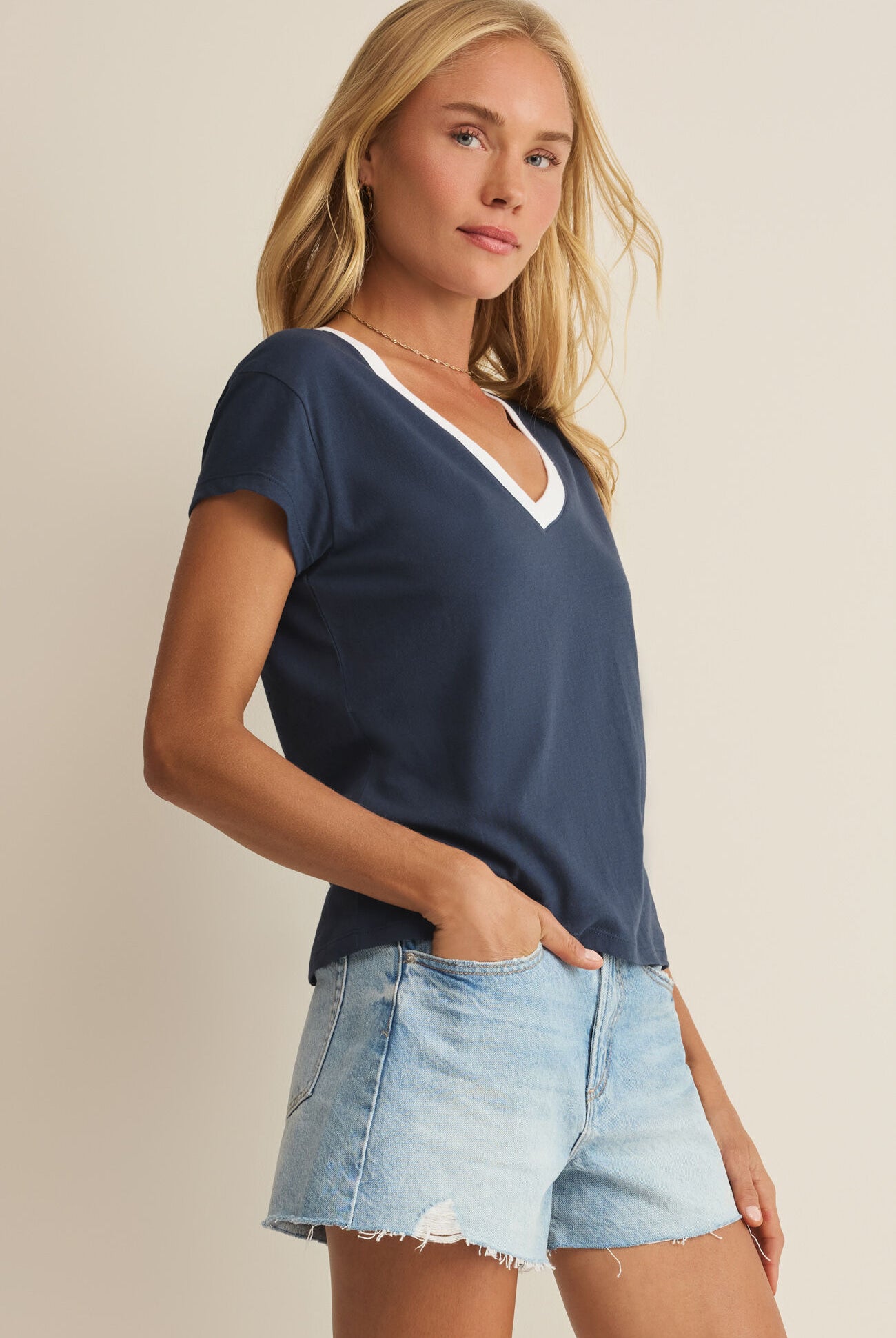 Z Supply Modern Colorblocked V-Neck Tee in Twilight Blue-T-Shirts-Z Supply-Deja Nu Boutique, Women's Fashion Boutique in Lampasas, Texas