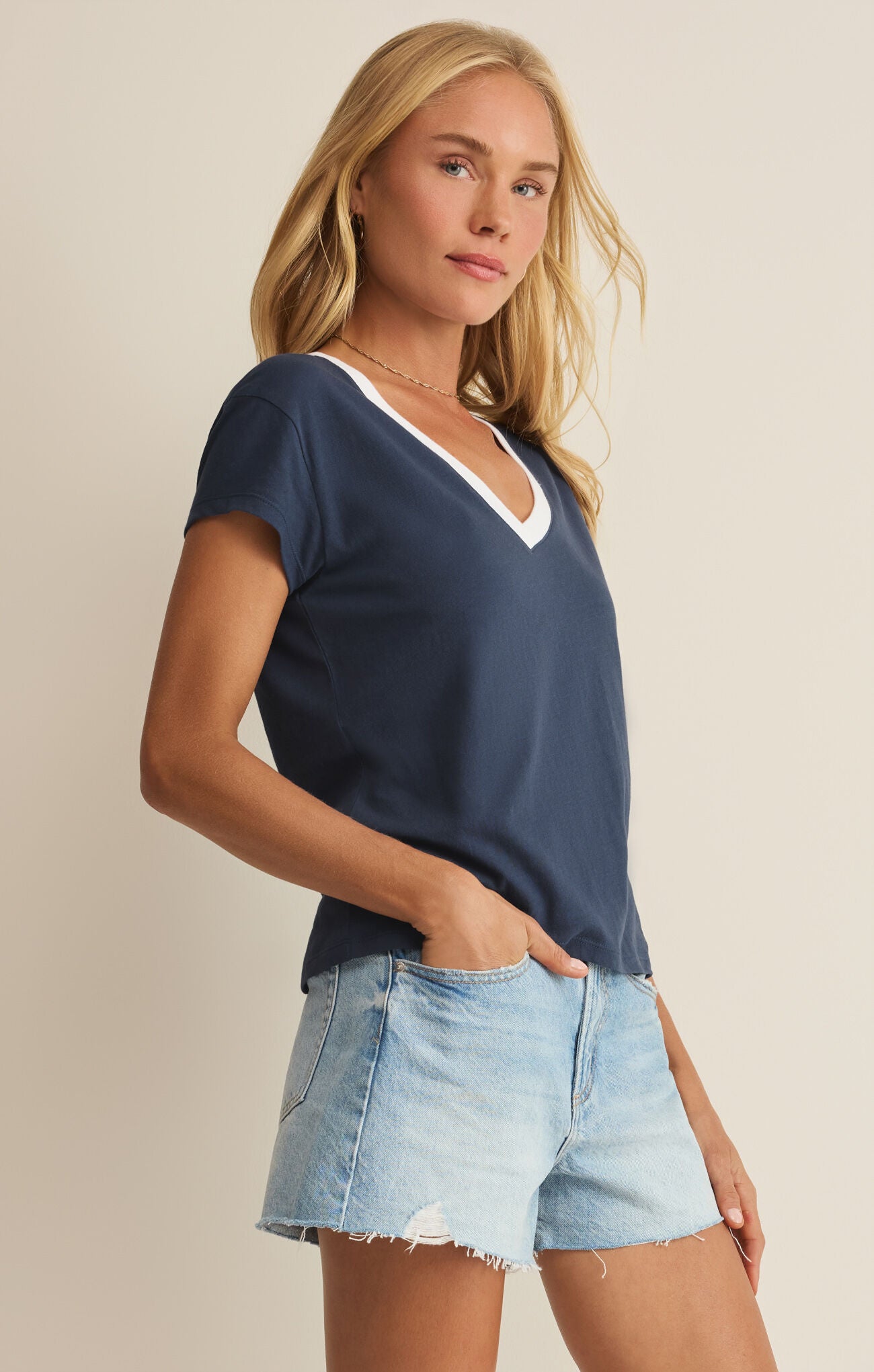 Z Supply Modern Colorblocked V-Neck Tee in Twilight Blue-T-Shirts-Z Supply-Deja Nu Boutique, Women's Fashion Boutique in Lampasas, Texas