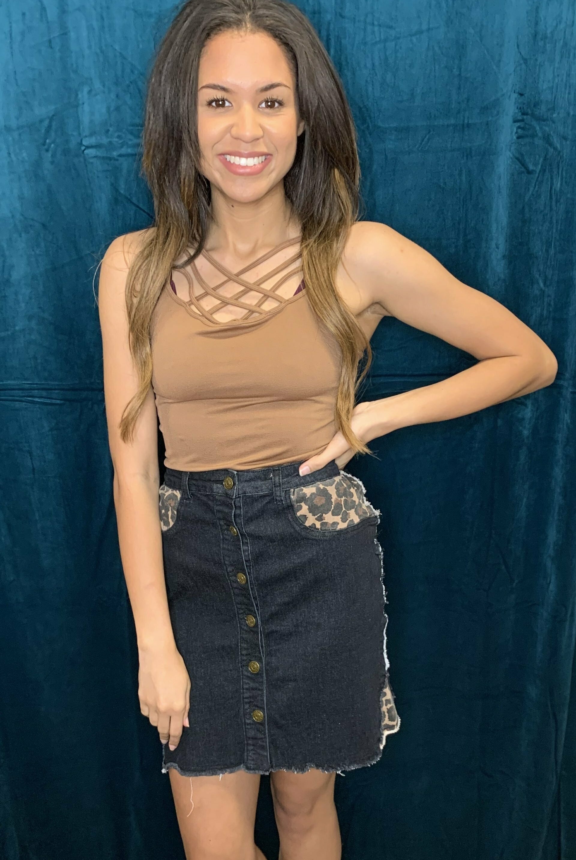 L And B Leopard Insert Denim Mini Skirt-Skirts-L And B-Deja Nu Boutique, Women's Fashion Boutique in Lampasas, Texas