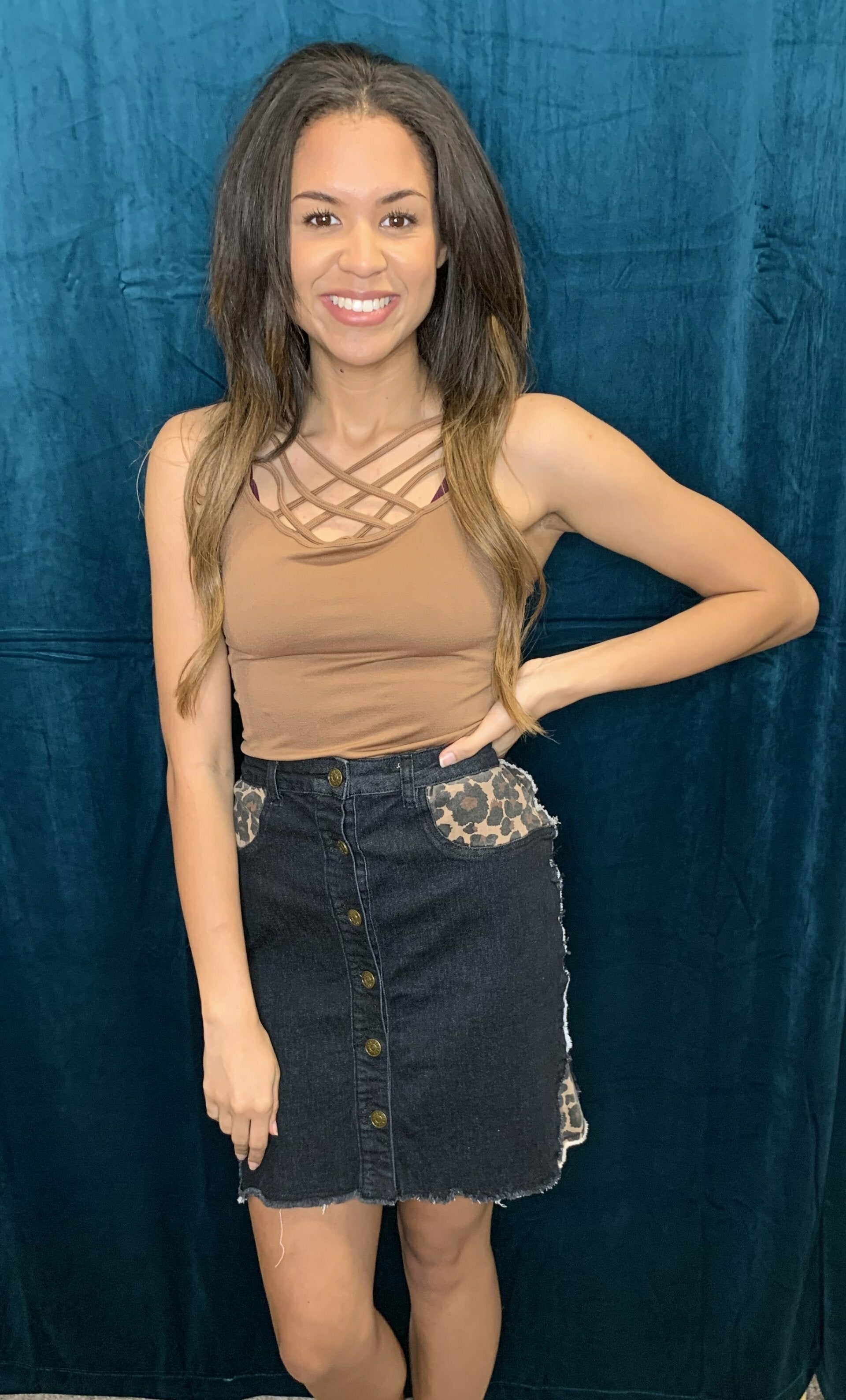 L And B Leopard Insert Denim Mini Skirt-Skirts-L And B-Deja Nu Boutique, Women's Fashion Boutique in Lampasas, Texas