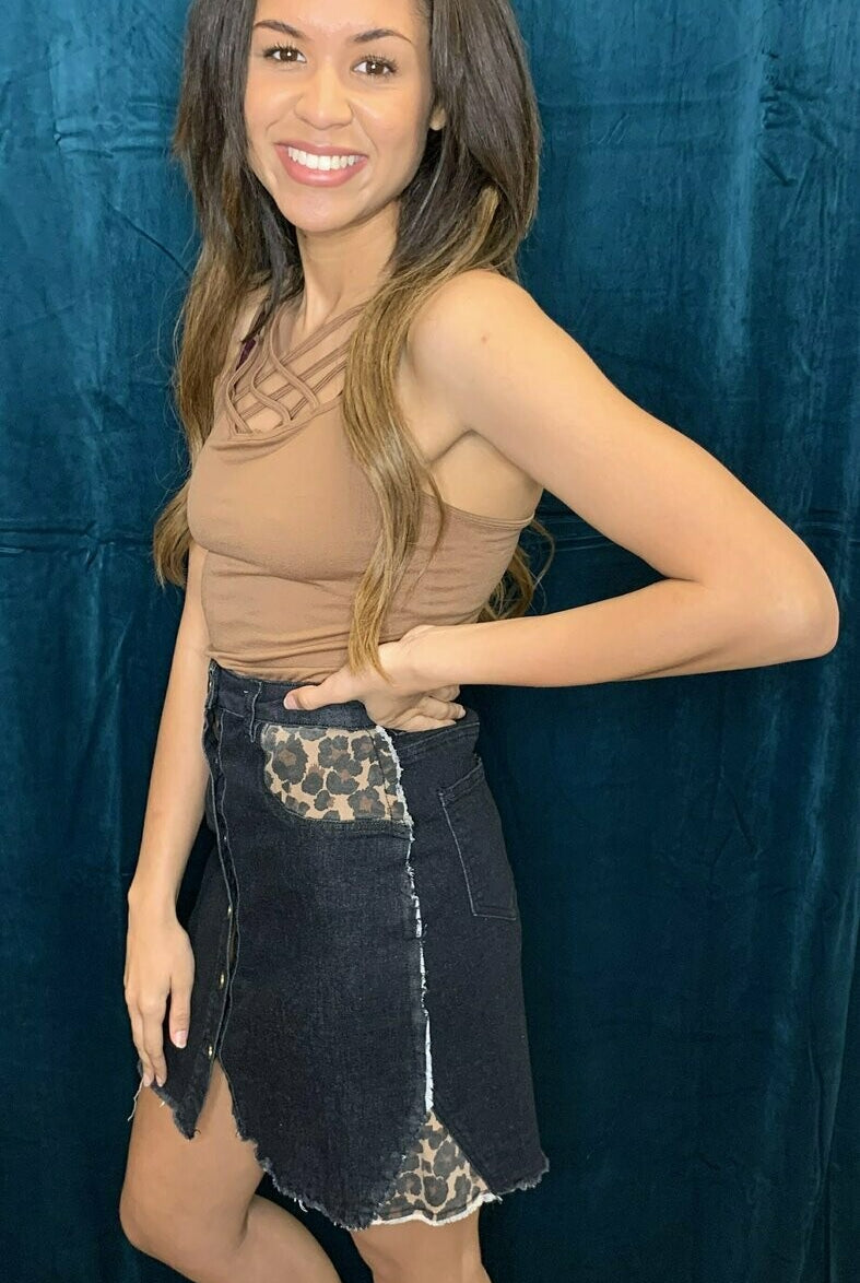 L And B Leopard Insert Denim Mini Skirt-Skirts-L And B-Deja Nu Boutique, Women's Fashion Boutique in Lampasas, Texas